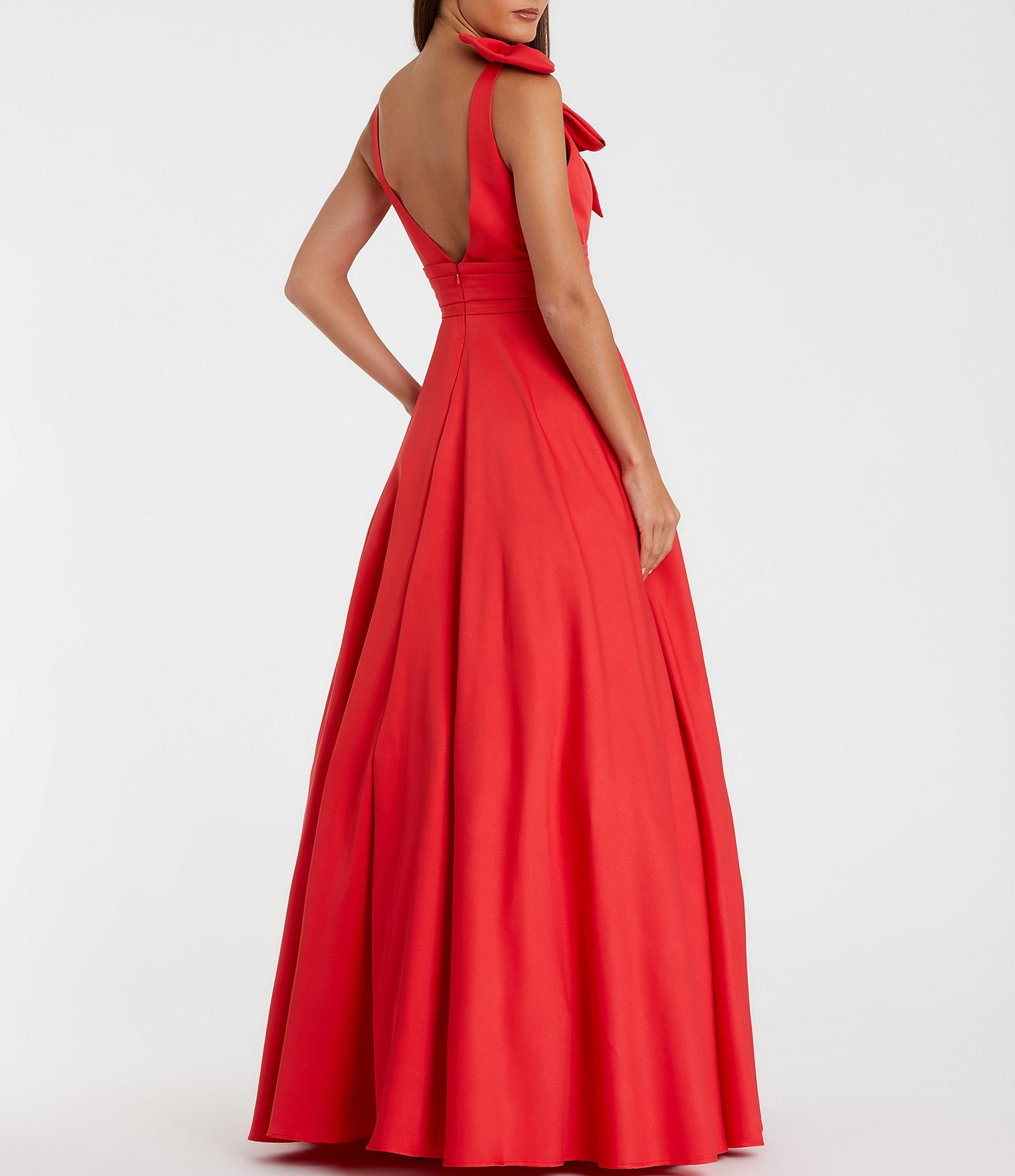 Mac Duggal Deep V-Neck Bow Shoulder Crepe Gown