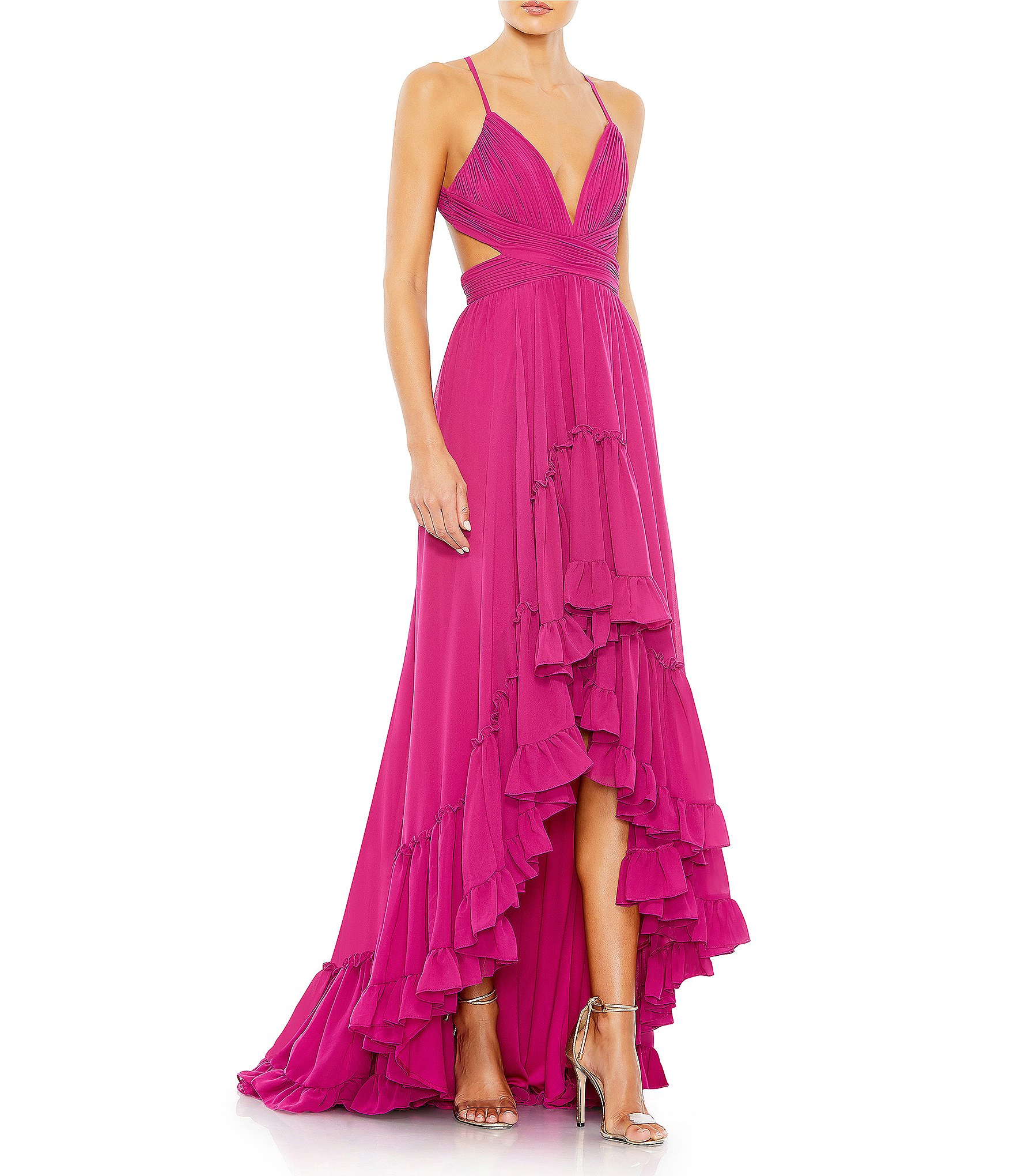 Mac Duggal Deep V-Neck Open Back Ruffle Front Chiffon Sheath