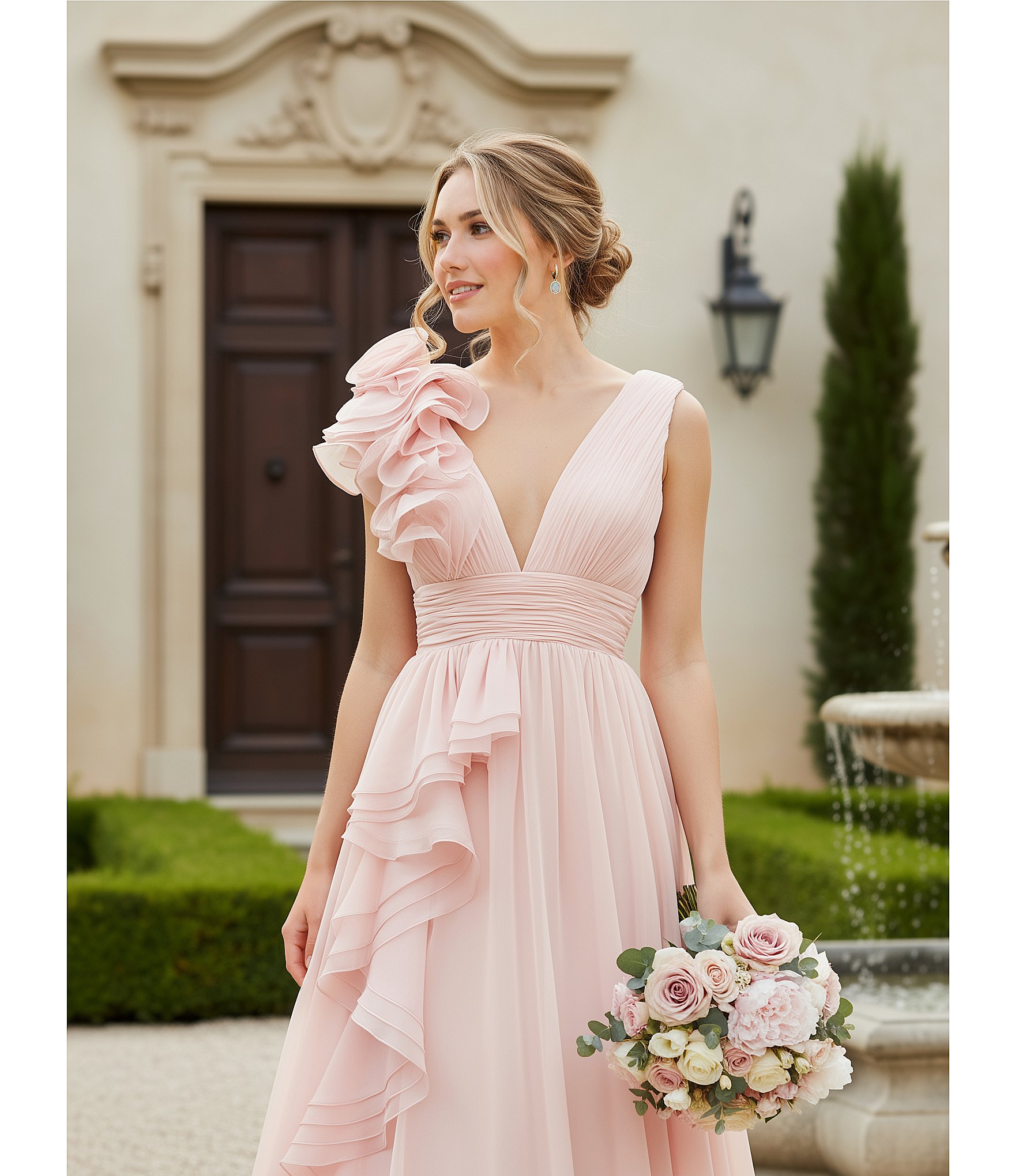 Mac Duggal Chiffon Deep V-Neck Sleeveless Ruffled Shoulder Ball Gown