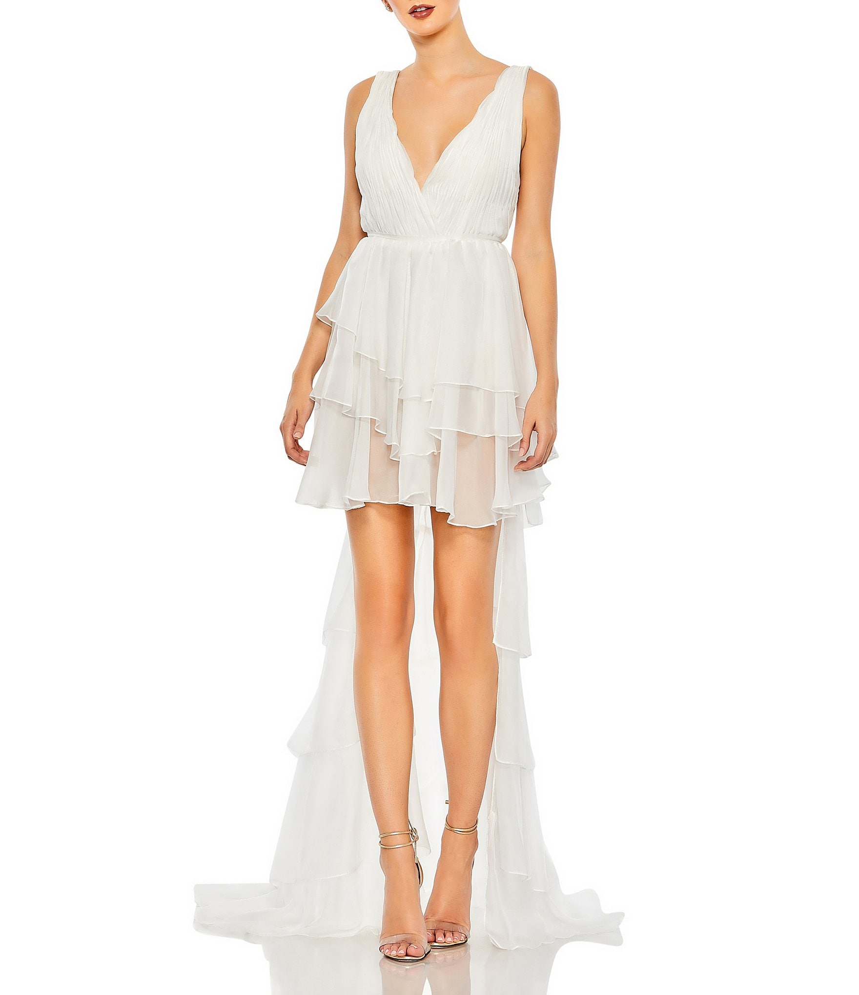 Mac Duggal Double V Neck Built in Bodysuit Hi Low Tiered