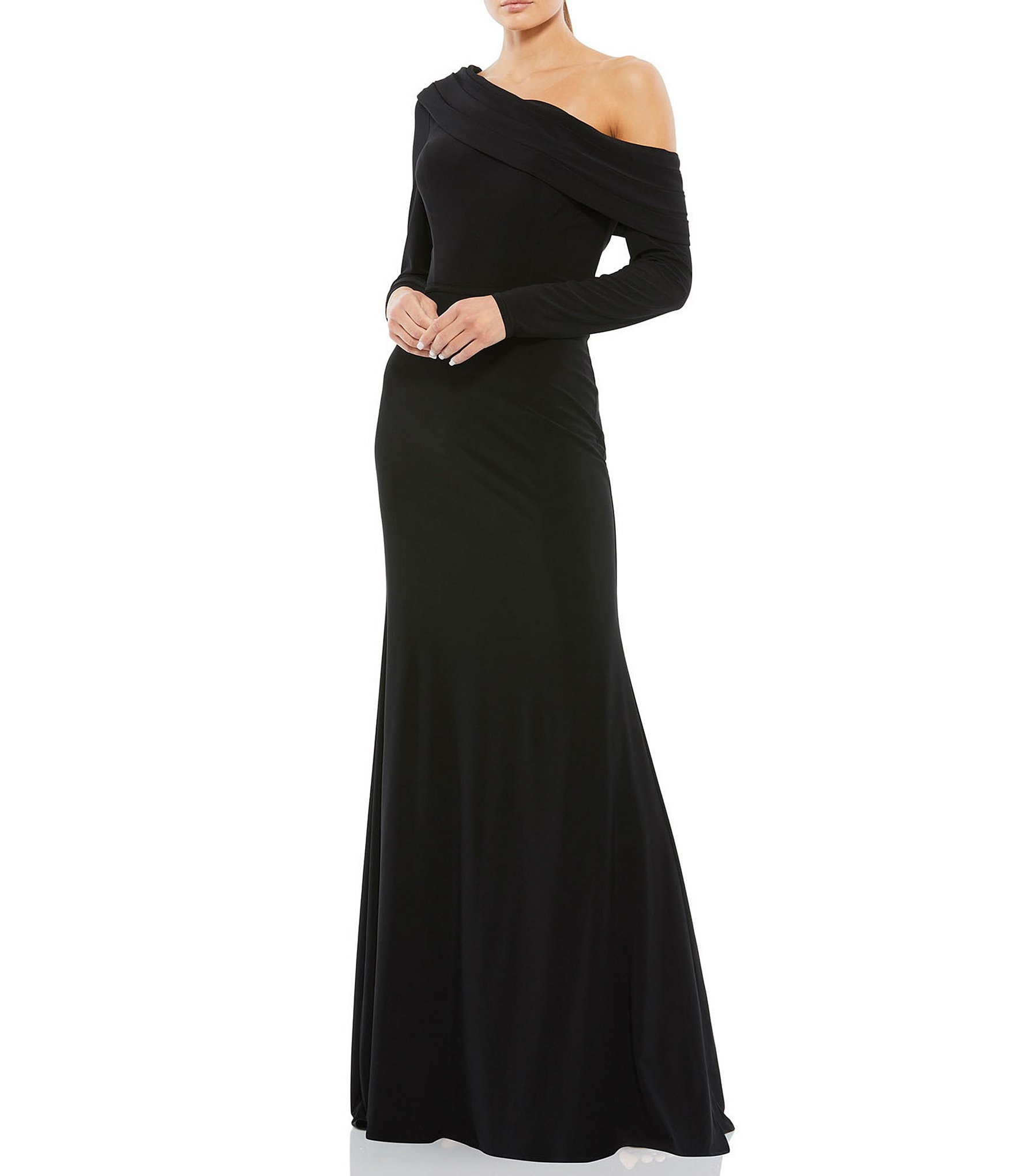 Mac Duggal Draped Asymmetric Off-the-Shoulder Neck Long Sleeve Column ...