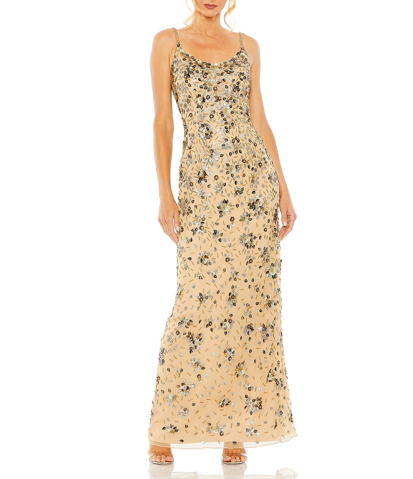 Mac Duggal Embellished Floral Beaded Open Back Detail Scoop Neck Sleeveless Gown