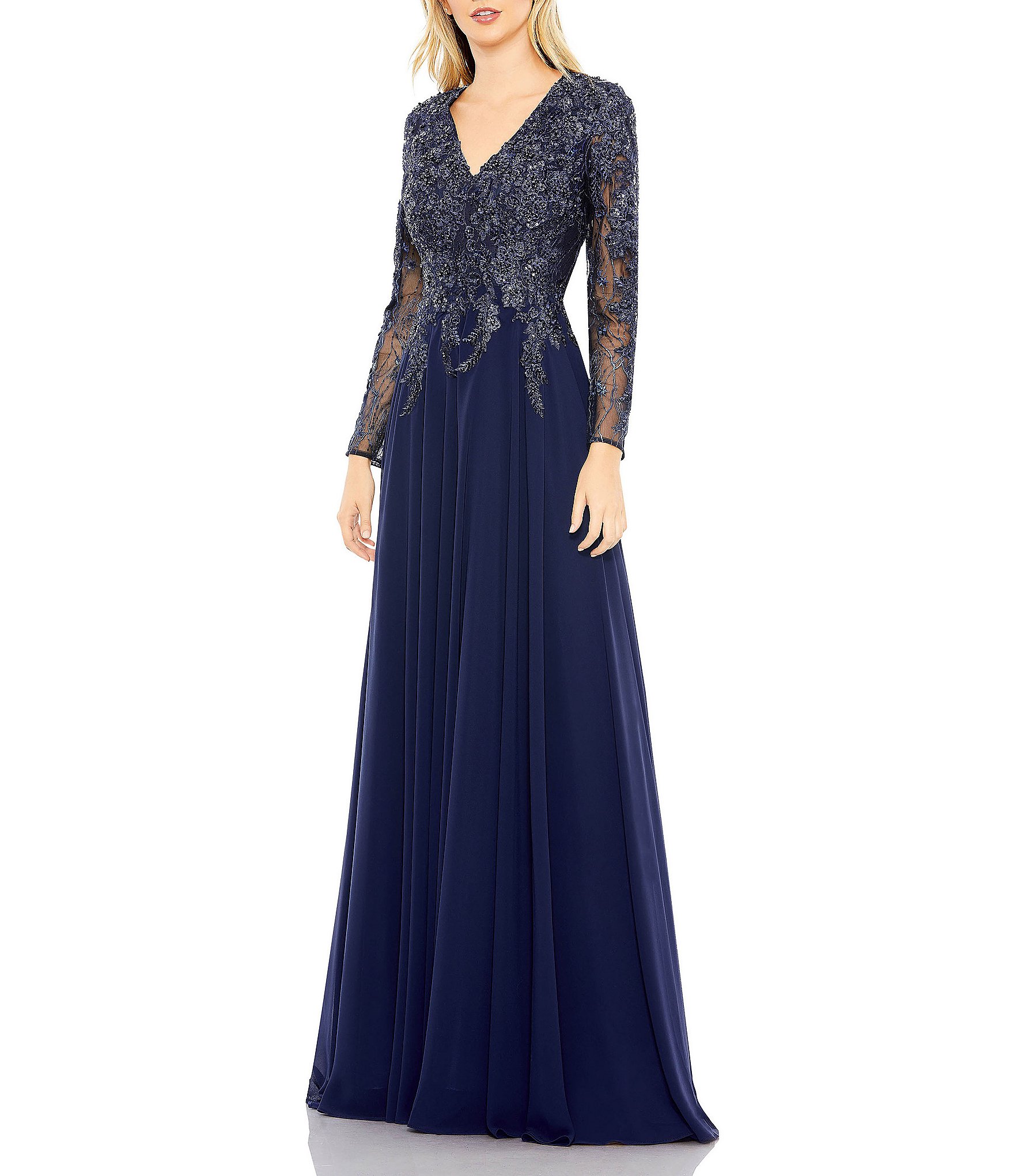 Mac Duggal Embellished Floral Lace V-Neck Illusion Long Sleeve Gown ...