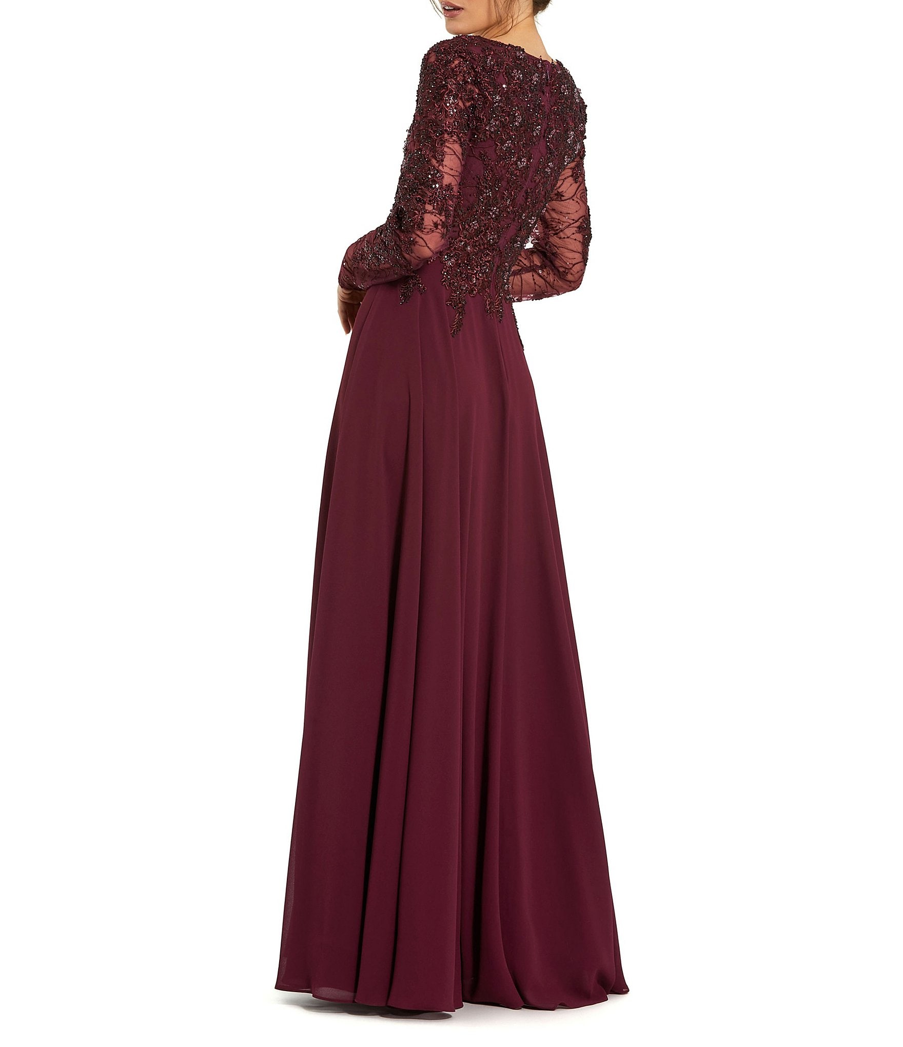 Mac Duggal Embellished Floral Lace V-Neck Illusion Long Sleeve Gown