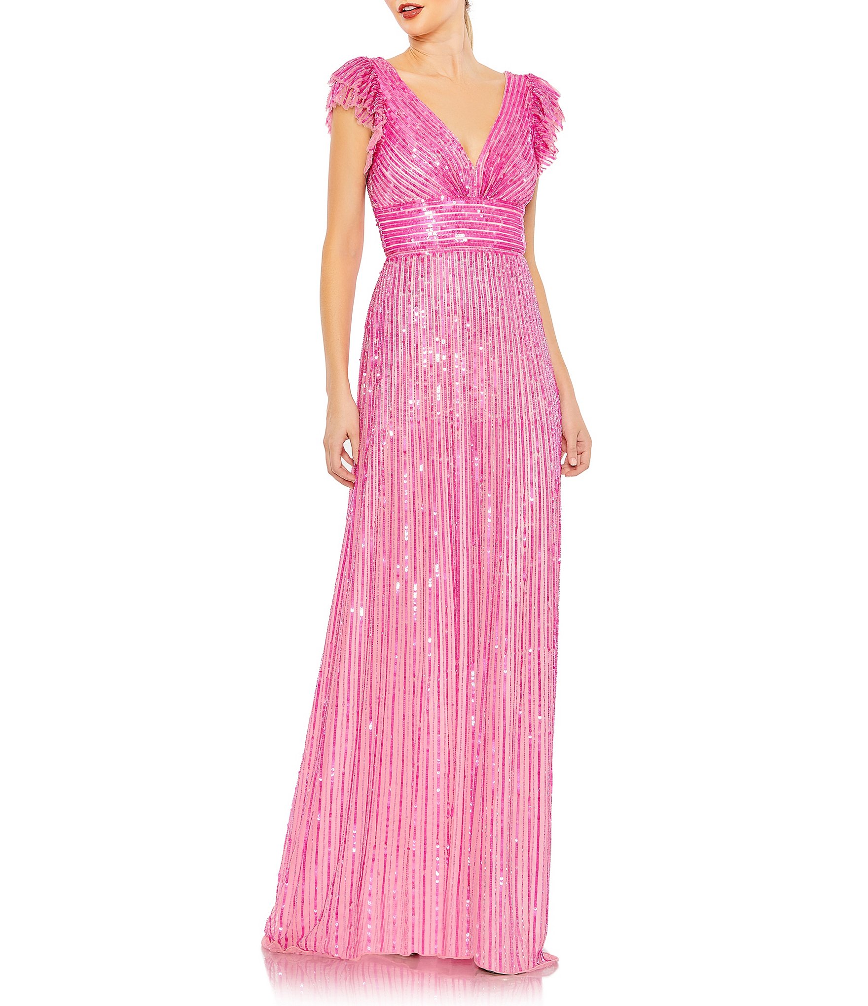 Mac Duggal Embellished Flutter Cap Sleeve V-Neck A-Line Gown | Dillard's