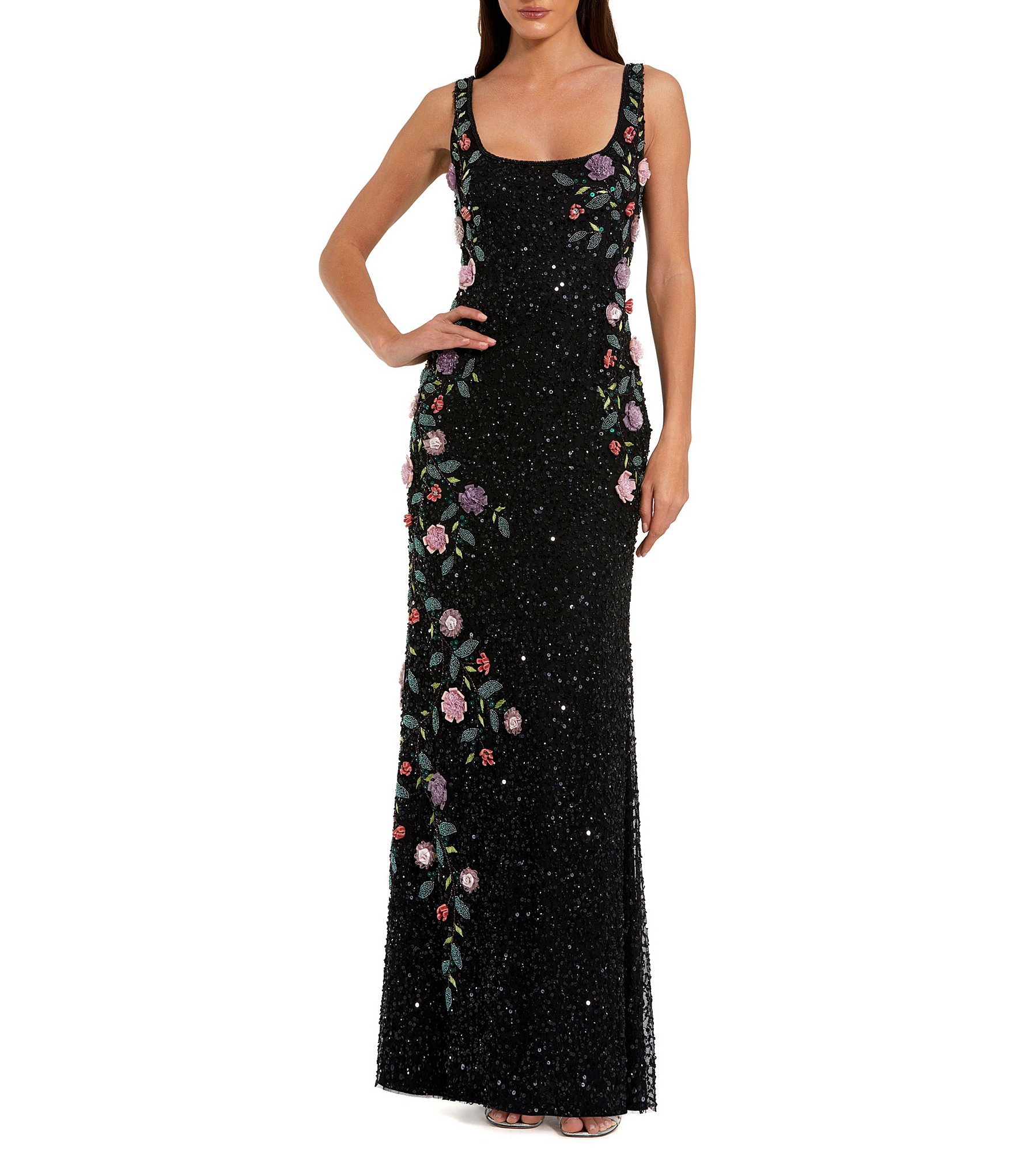 ●Mac Duggal●花付き ワンショルダー ビーズ メッシュドレス Mac Duggal Embellished Mesh Square Neck Sleeveless 3D Flower