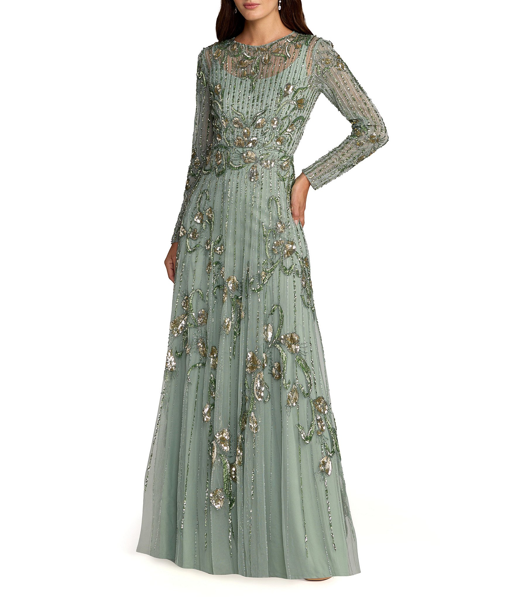 Mac Duggal Embellished Tulle Long Sleeve A Line Gown