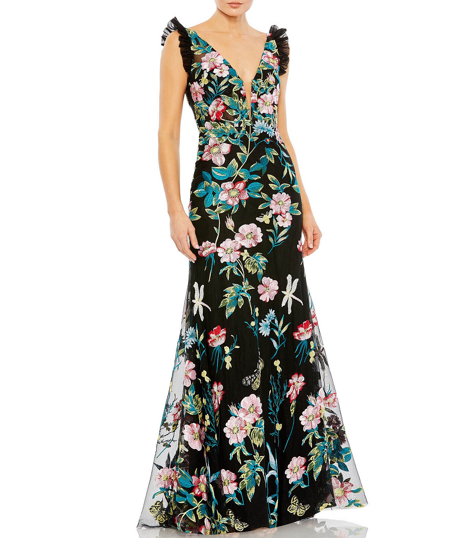 Mac Duggal Embroidered Floral Plunging V-Neck Sleeveless Gown | Dillard's
