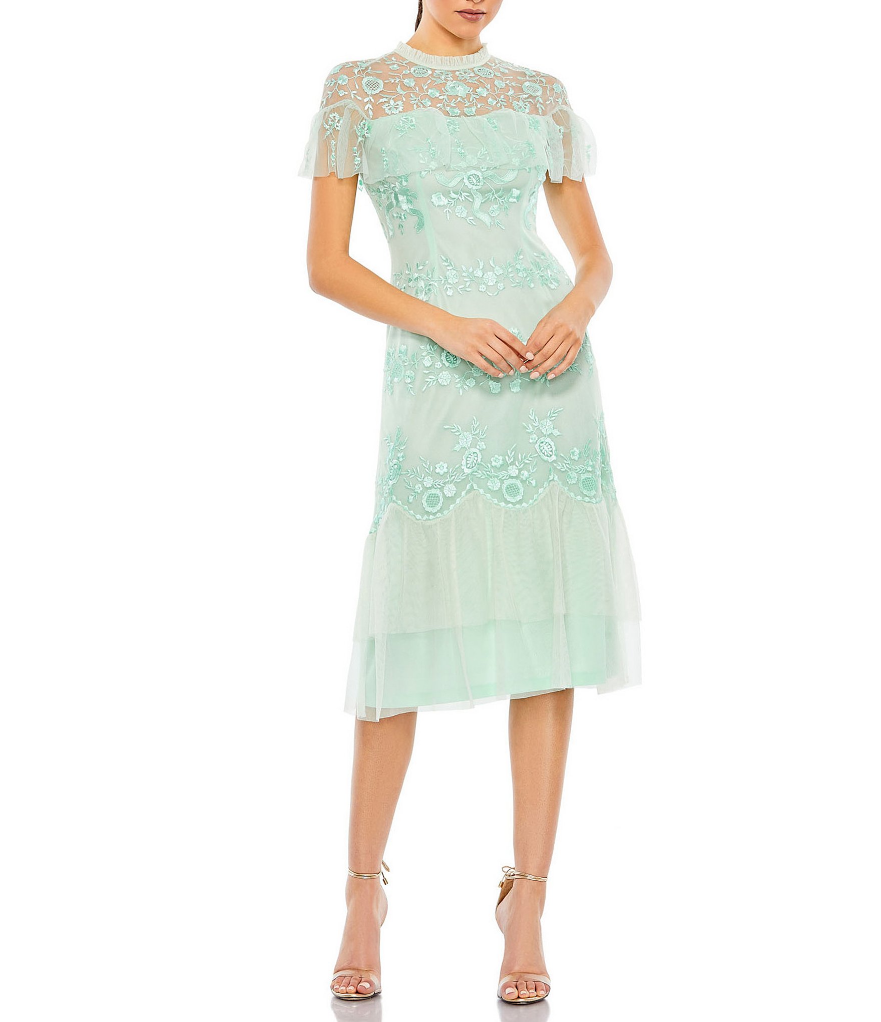 Mac Duggal Embroidered Crew Neck Short Ruffled Sleeve Dress | Dillard's