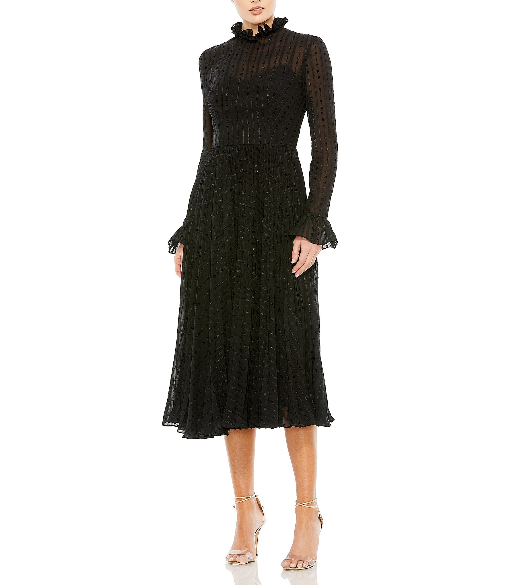 Mac Duggal Embroidered Mock Neck Long Sleeve Pleated Midi Dress | Dillard's