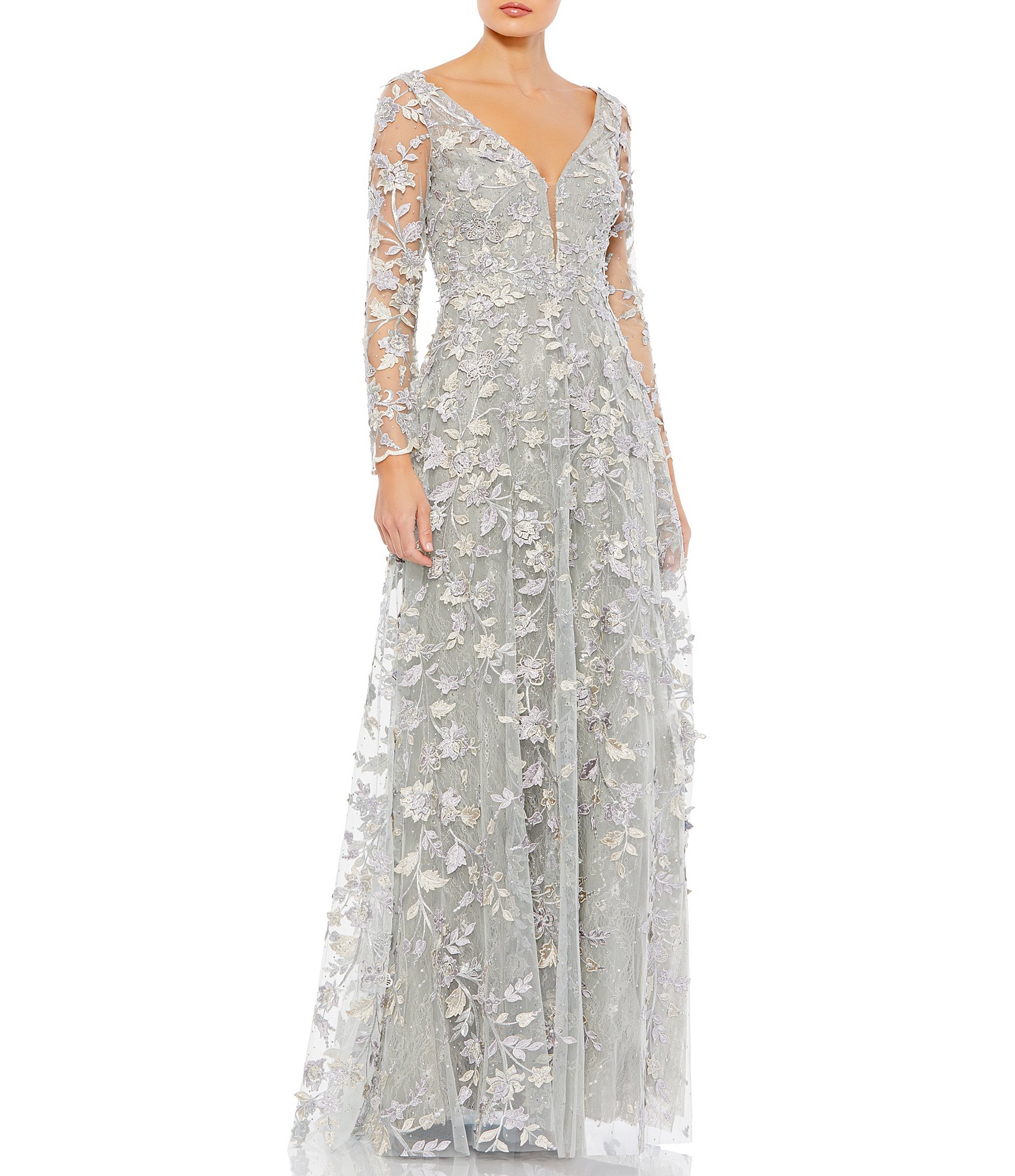 Mac Duggal Floral Applique Split V-Neck Illusion Long Sleeve Gown