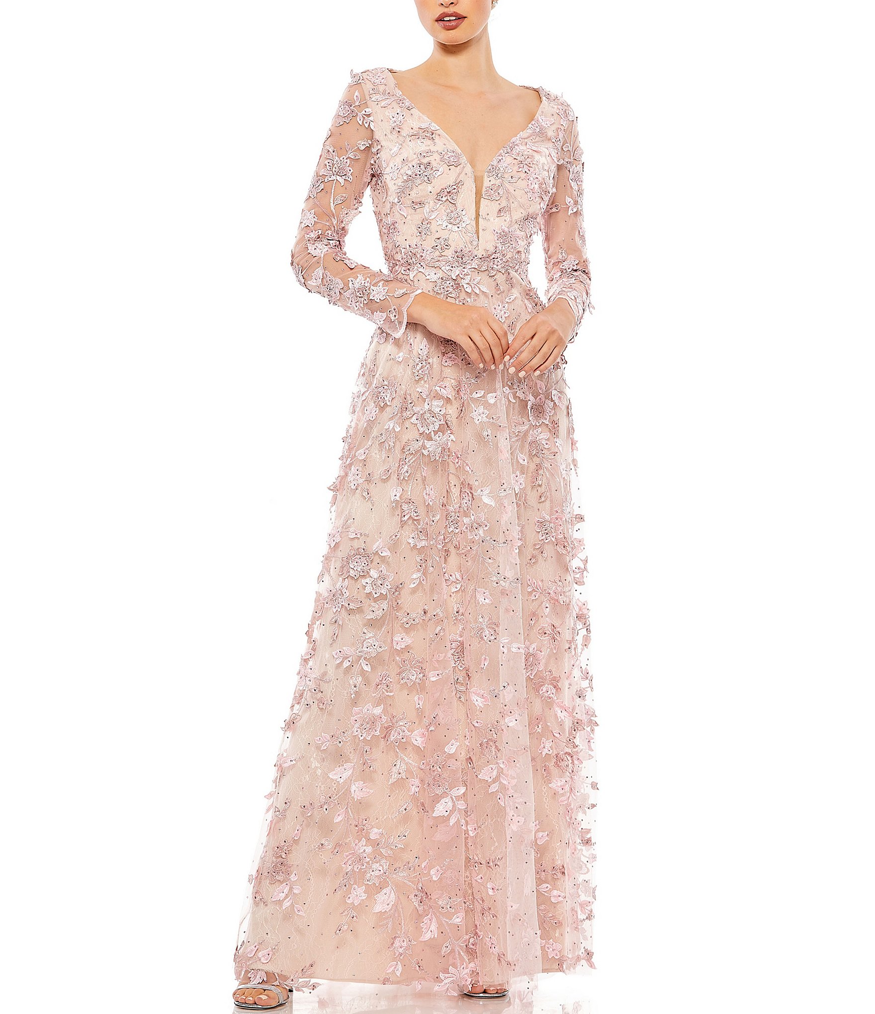 Mac Duggal Floral Applique Split V-Neck Illusion Long Sleeve Gown ...