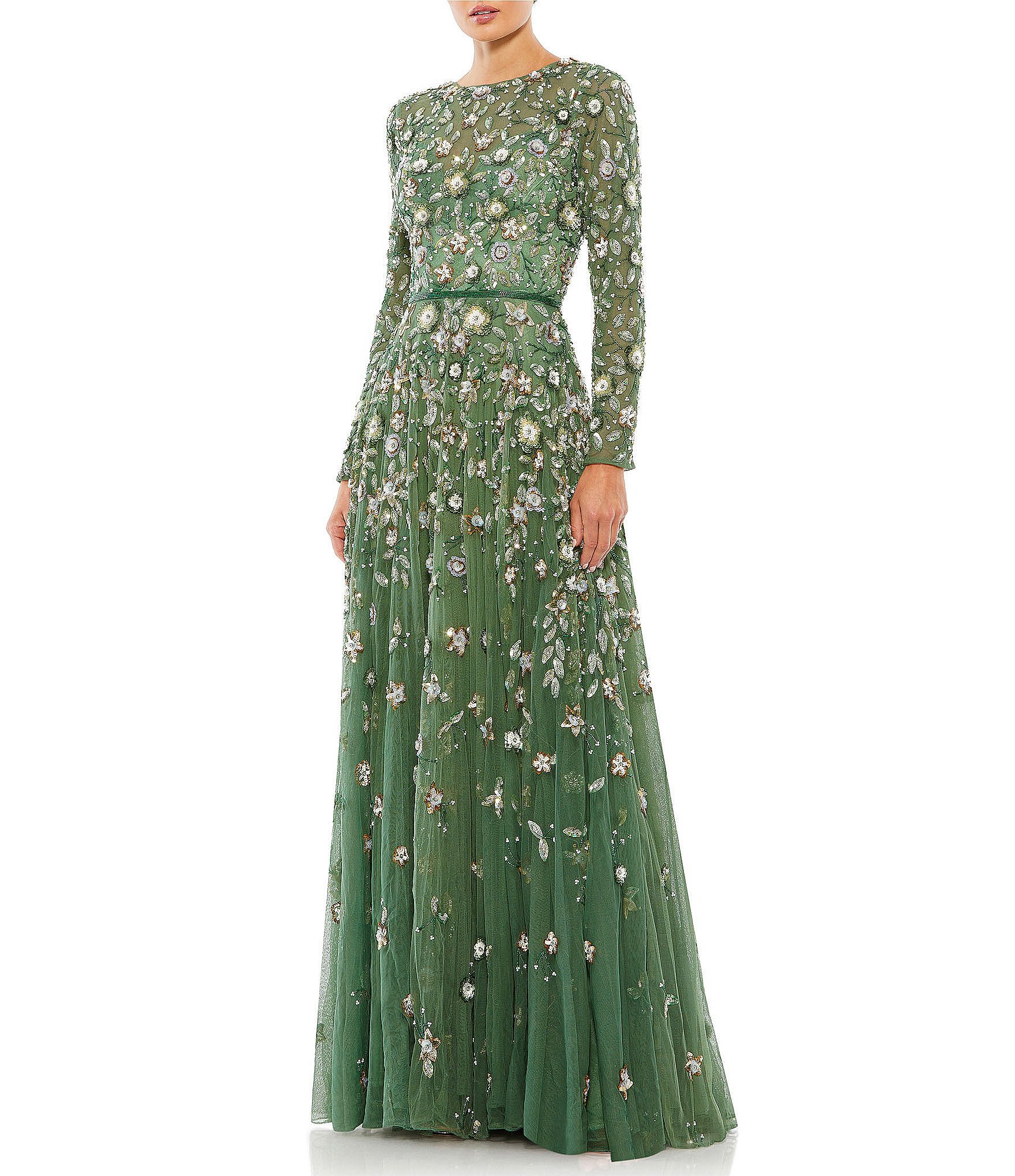 Mac Duggal Floral Beaded Crew Neck Long Sleeve Pleated Chiffon Gown ...