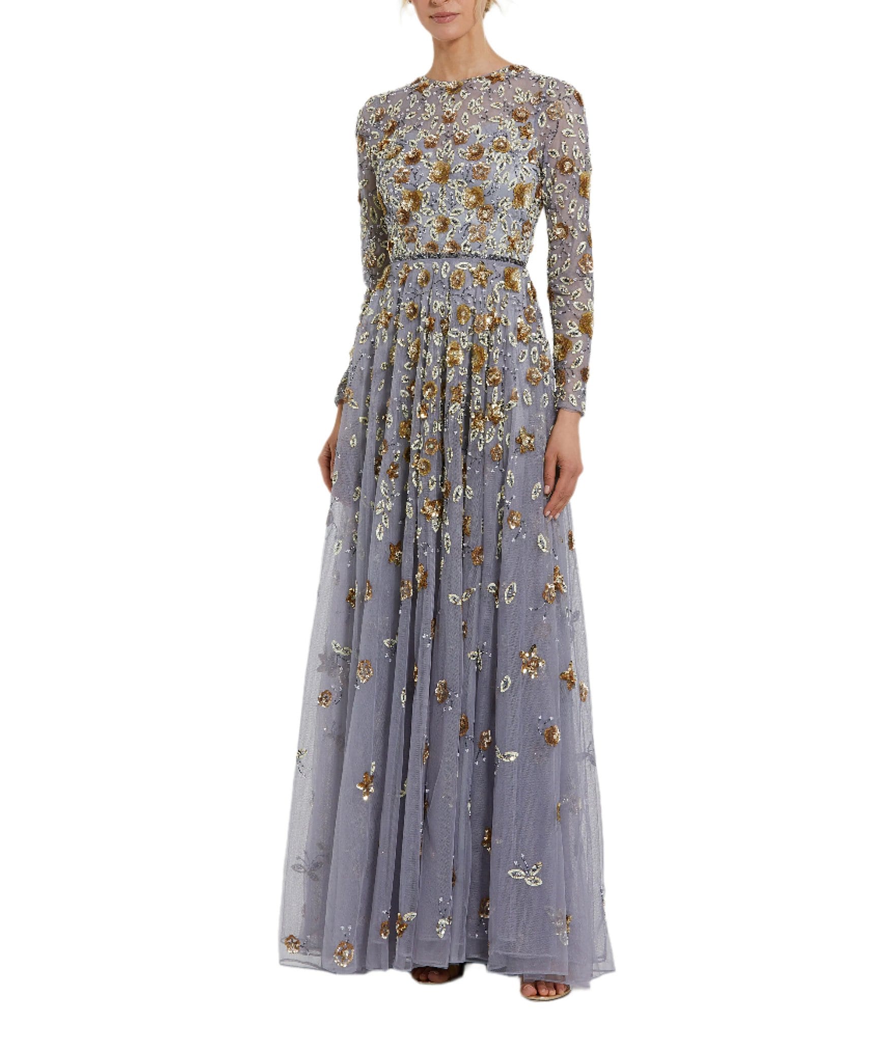 Mac Duggal Floral Beaded Crew Neck Long Sleeve Pleated Chiffon Gown