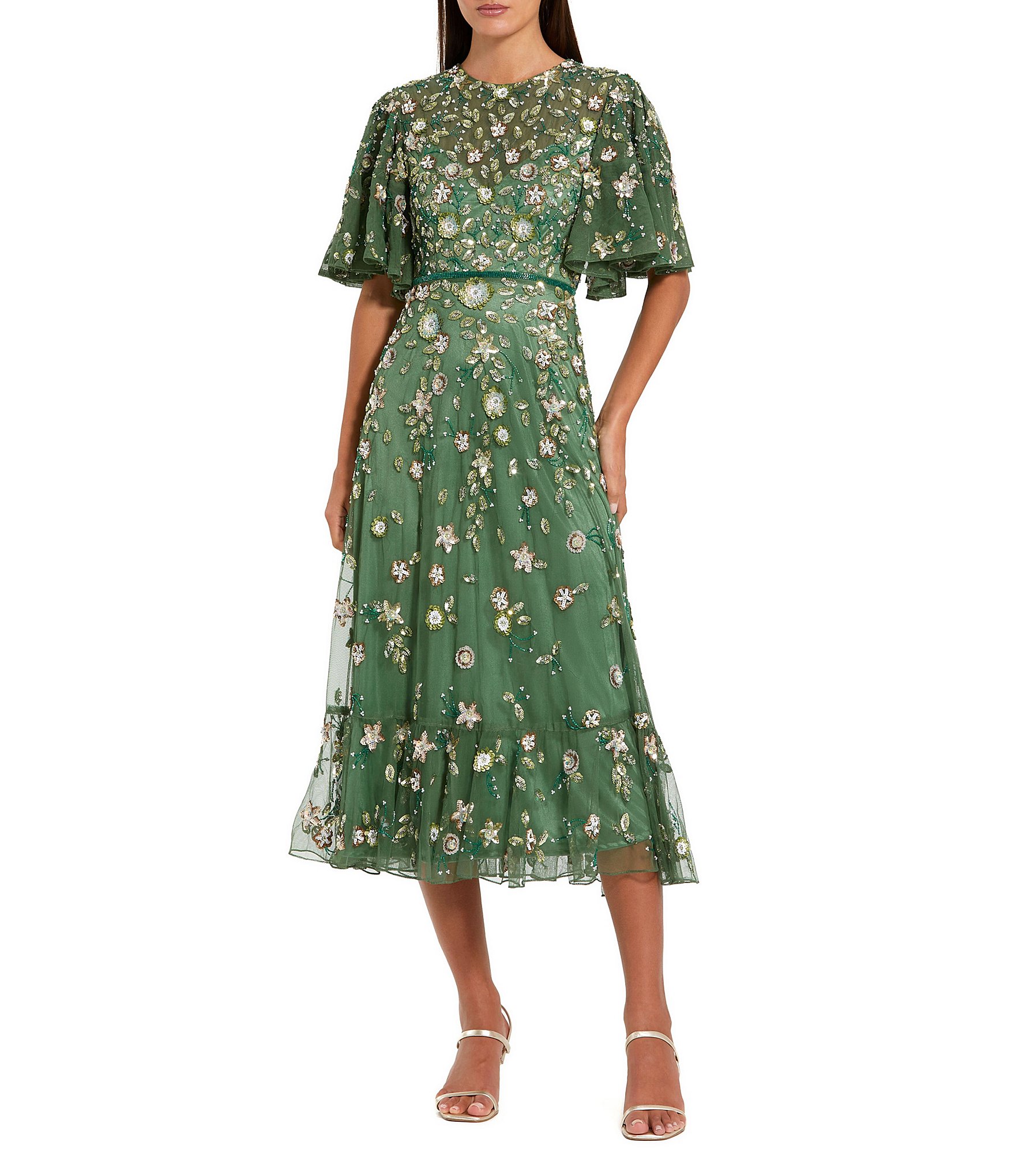 green glitter plisse puff sleeve v bar draped midi dress Flutter Sleeve Glitter Midi Dress for Wedding Guests & Parties main image 0