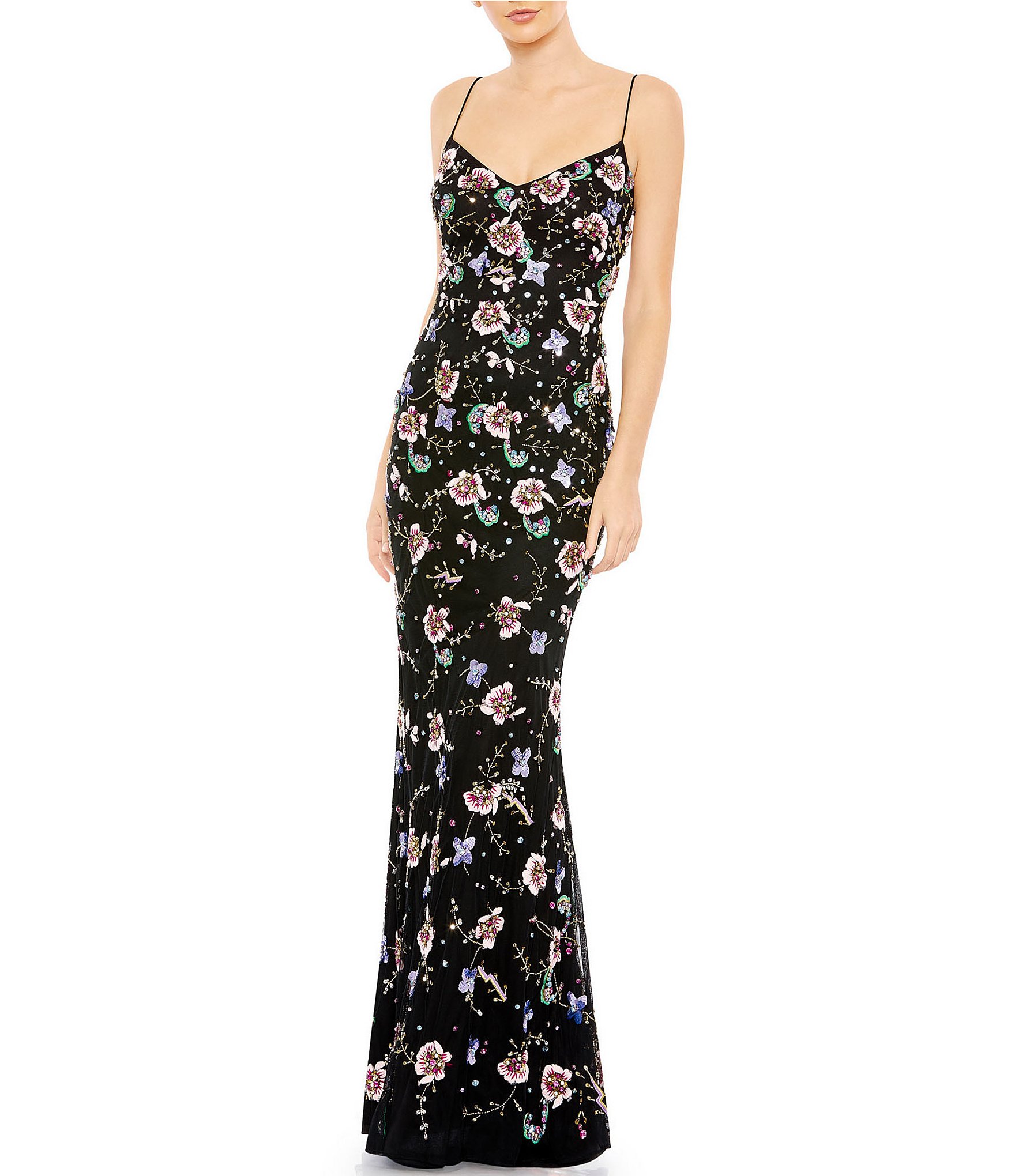 Mac Duggal Floral Beaded Sweetheart Neck Sleeveless Lace-Up Back A-Line ...