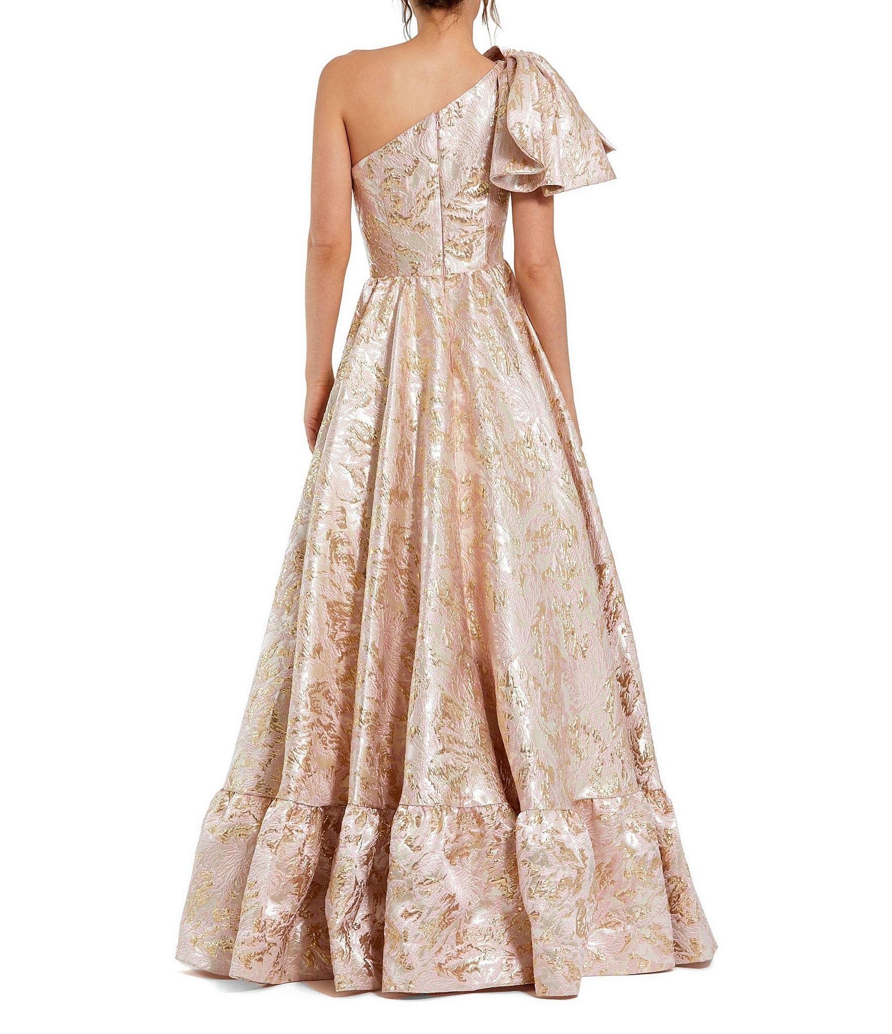 Mac Duggal Floral Brocade One Bow Shoulder High Low A-Line Gown
