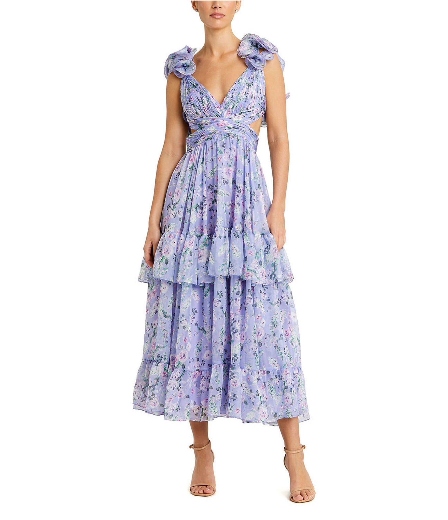 Mac Duggal Floral Chiffon V Neck Sleeveless Ruffle Tiered Side Cutout Midi Dress Dillards 7306