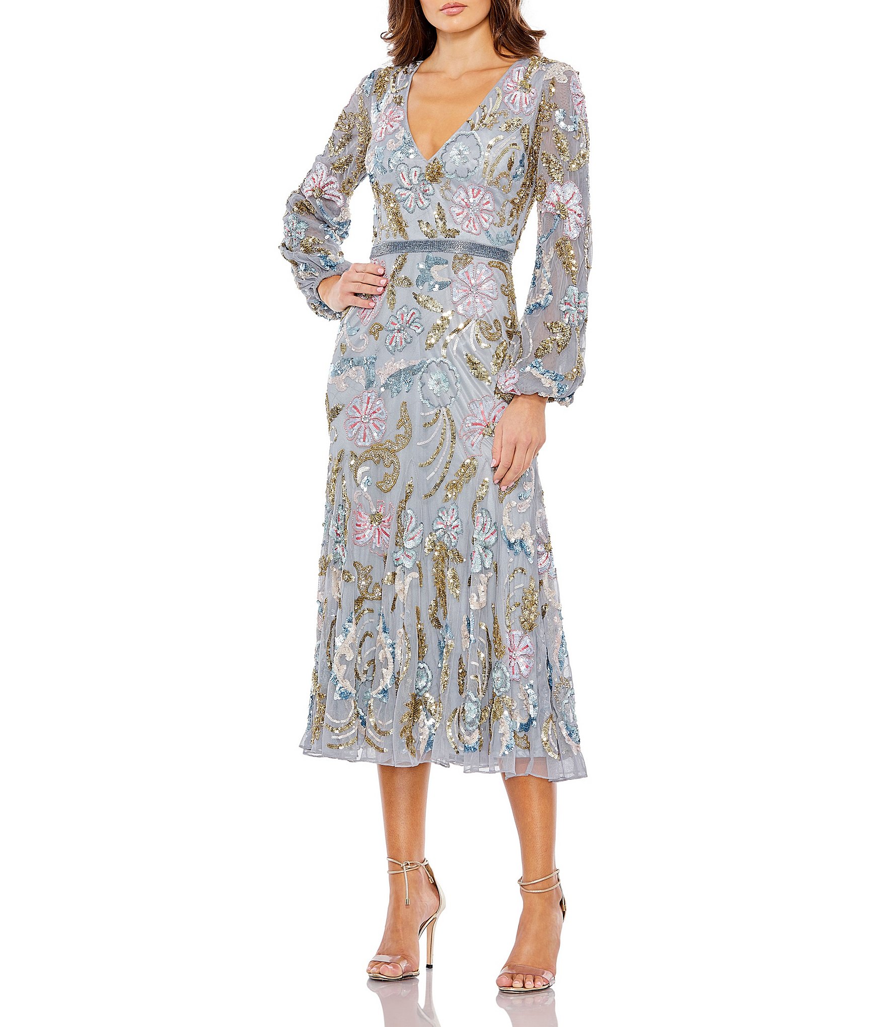 Mac Duggal Floral Embellished Mesh V-Neck Long Sleeve Midi