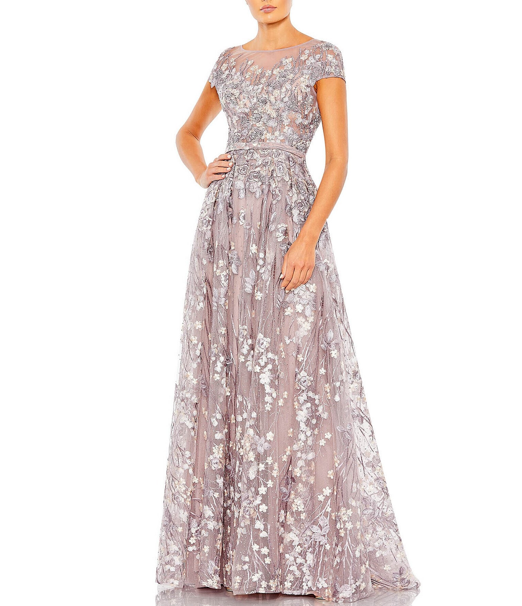 Mac Duggal Floral Embellished Round Neck Cap Sleeve A-Line Gown | Dillard's