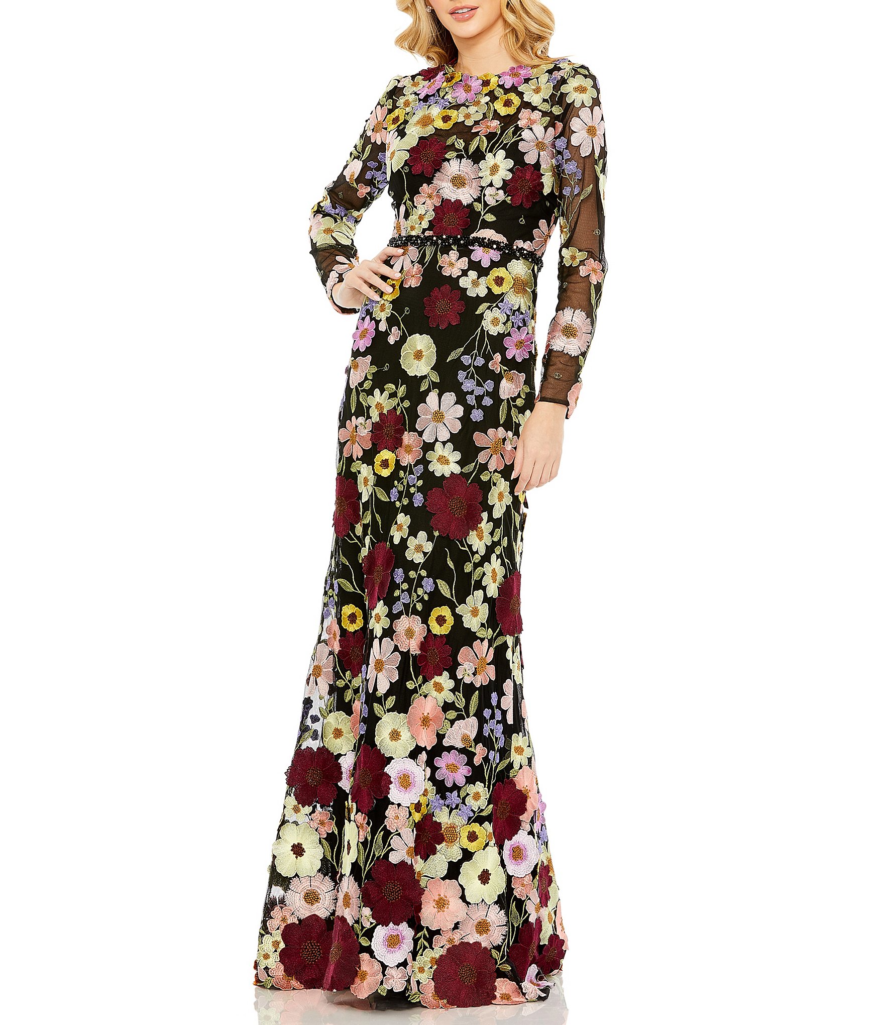 Mac Duggal Floral Embroidered Crew Neck Long Sleeve Mermaid Gown