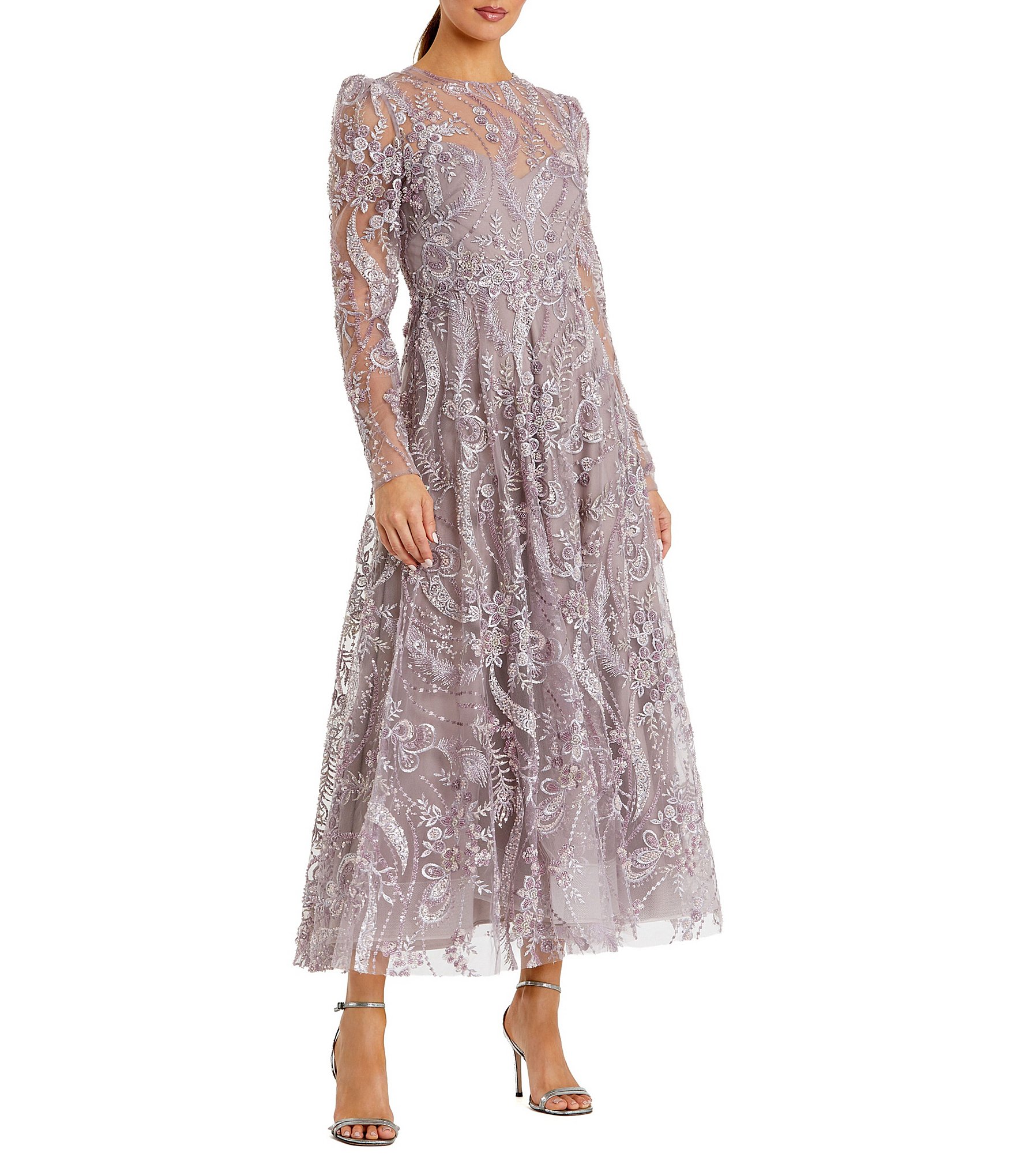 Mac Duggal Floral Embroidered Long Sleeve Long Gown