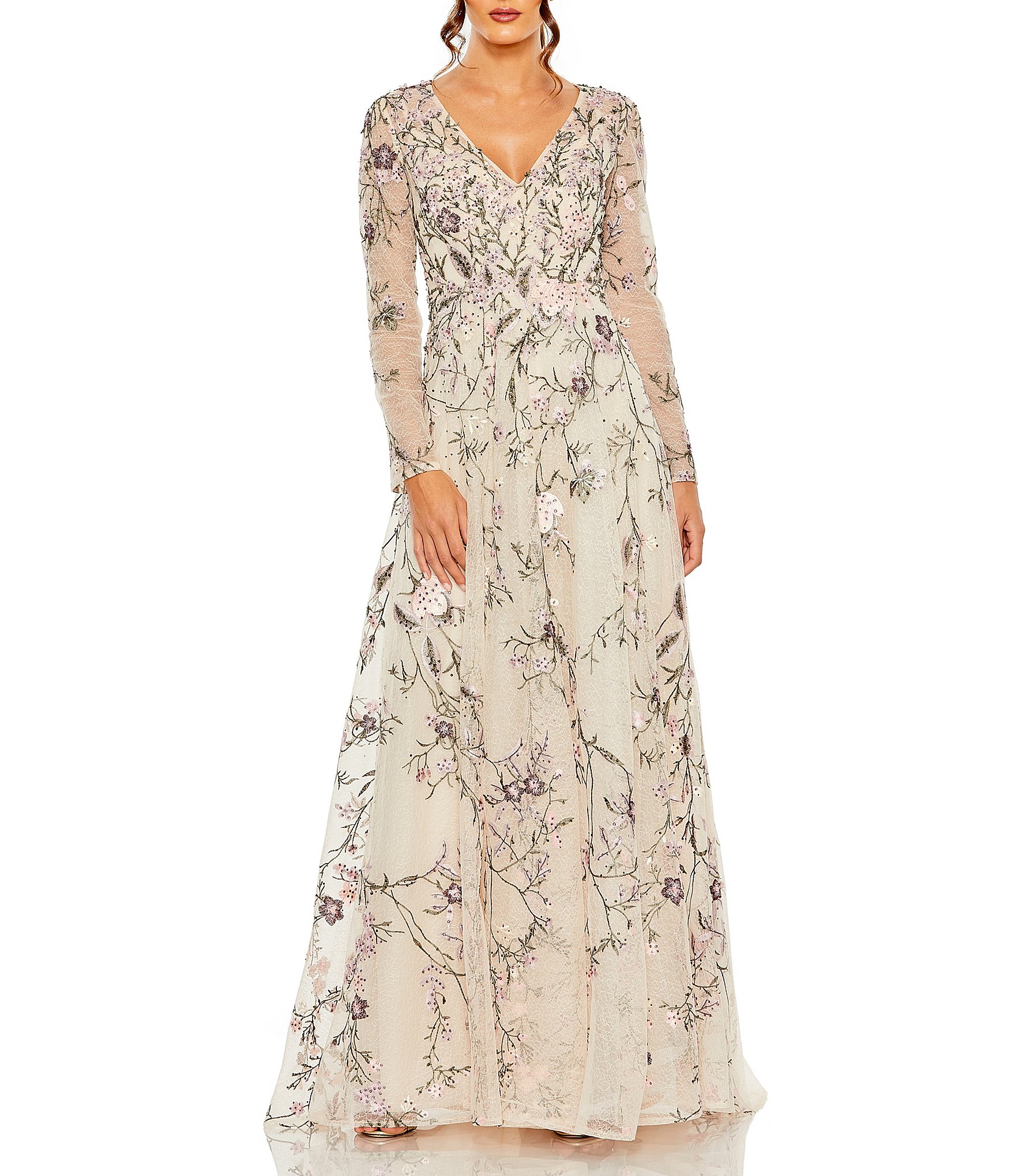 Mac Duggal Floral Embroidered Mesh Overlay V-Neck Illusion