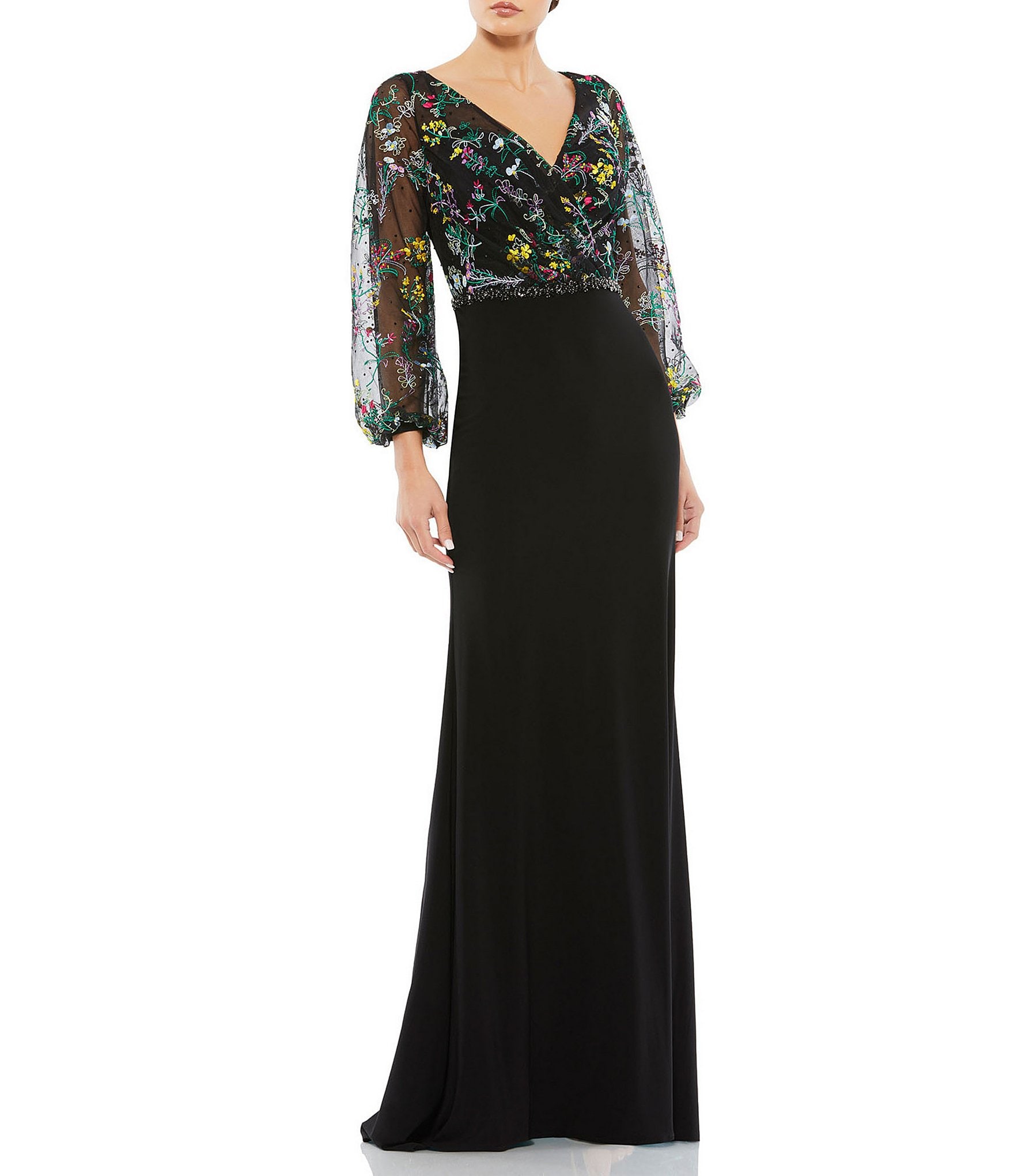 Mac Duggal Floral Embroidered Surplice V Neck Long Puff Sleeve Gown