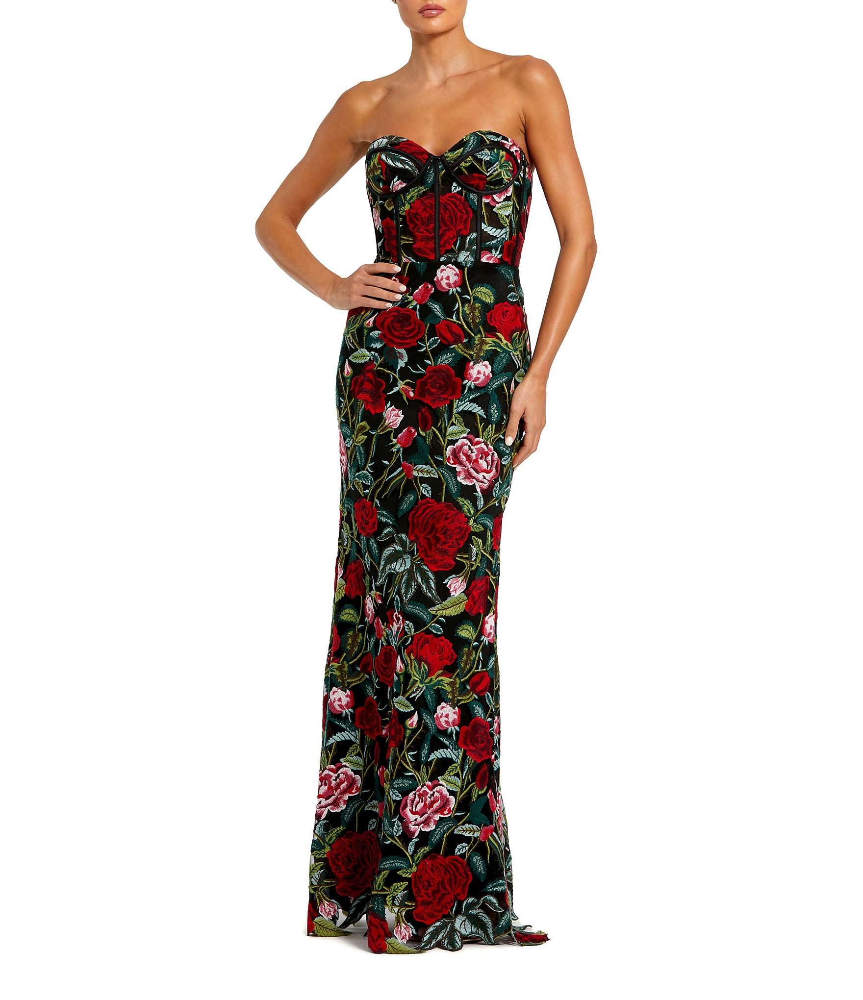 Mac Duggal Floral Embroidered Sweetheart Strapless Bustier Sleeveless