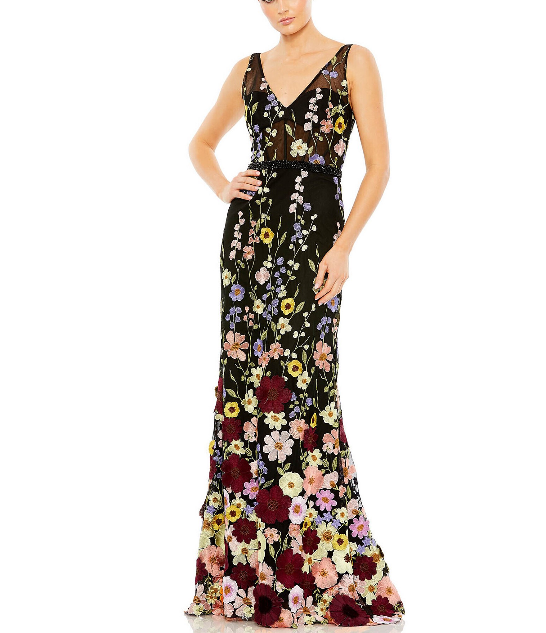 Mac Duggal Floral Embroidered Tulle Sleeveless V-Neck A-Line Gown ...