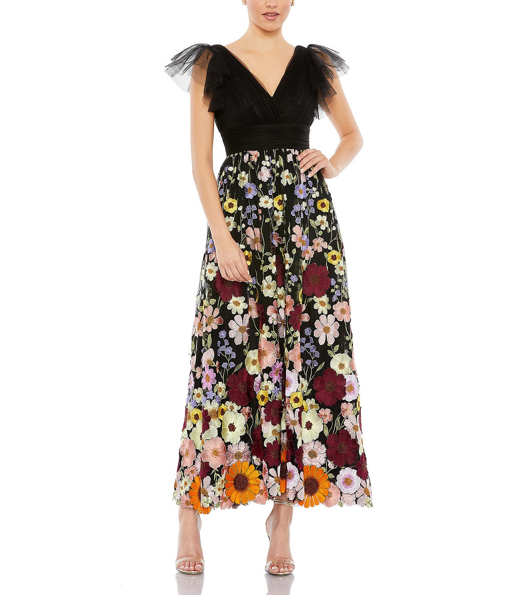 Mac Duggal Floral Embroidered V-Neck Cap Flutter Sleeve Dress | Dillard's