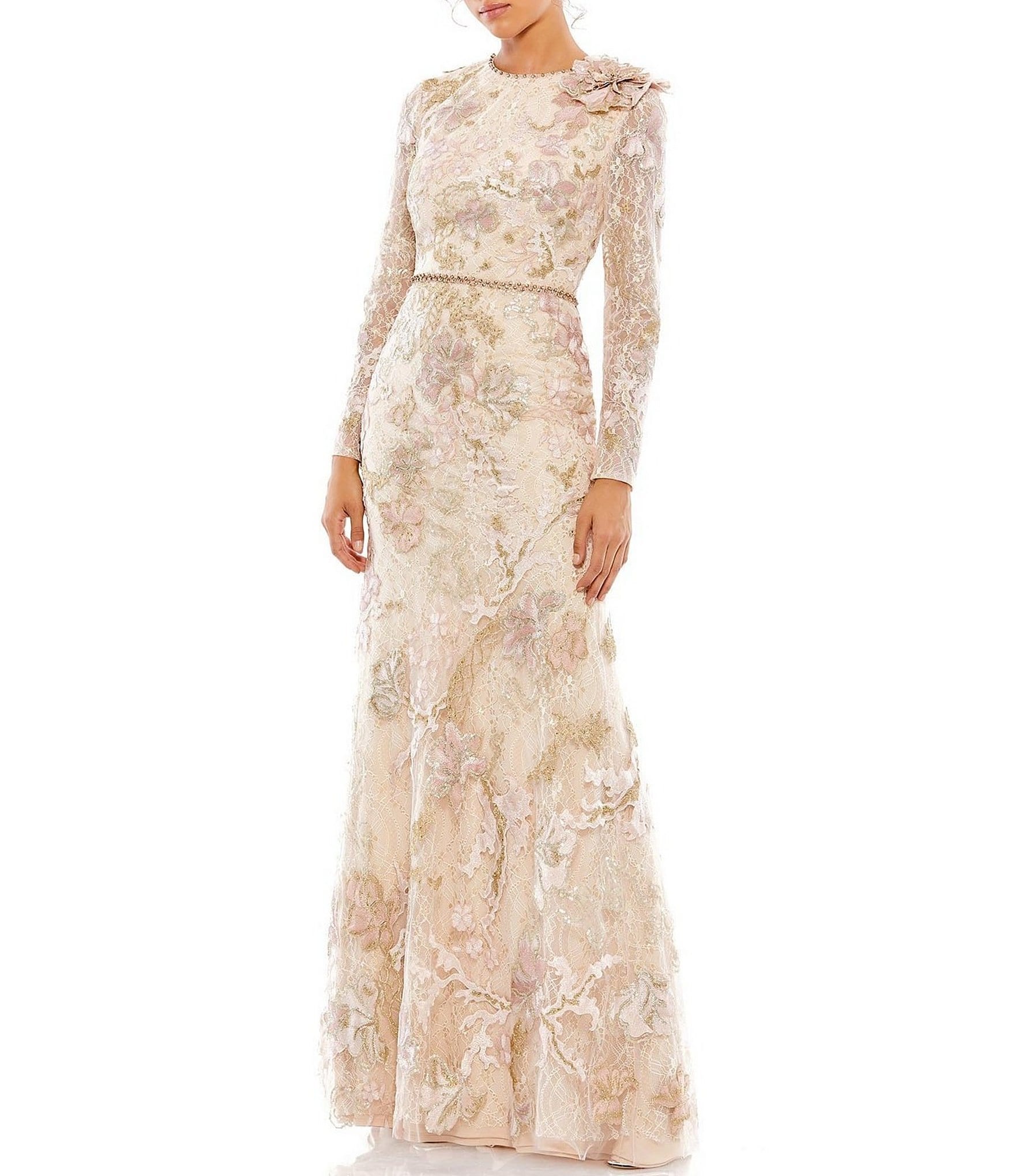 Mac Duggal Floral Lace Embroidered Crew ...