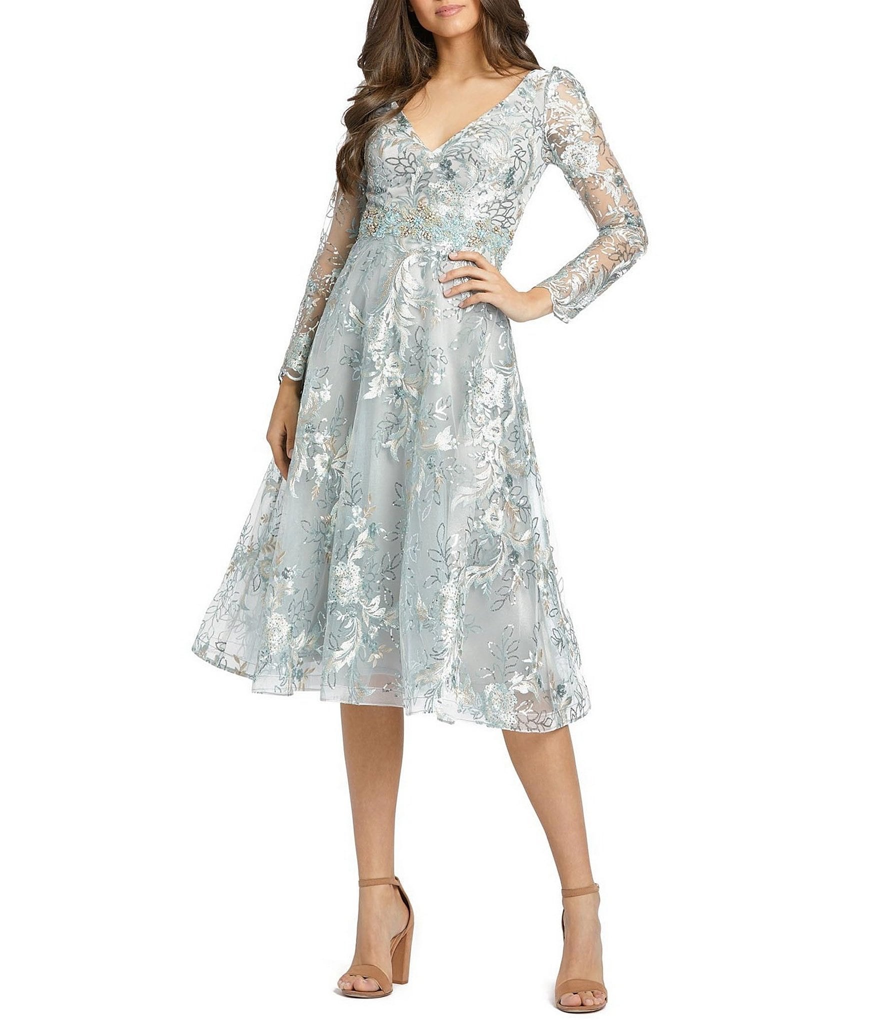 Mac Duggal Floral Lace V-Neck Long Sheer Sleeve Midi Dress | Dillard's