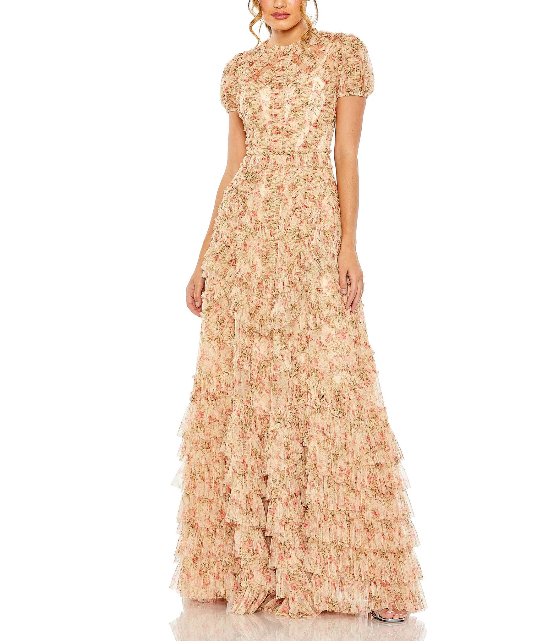 Mac Duggal Floral Mock Neck Short Sleeve Mesh Ruffled Dress | Dillard's
