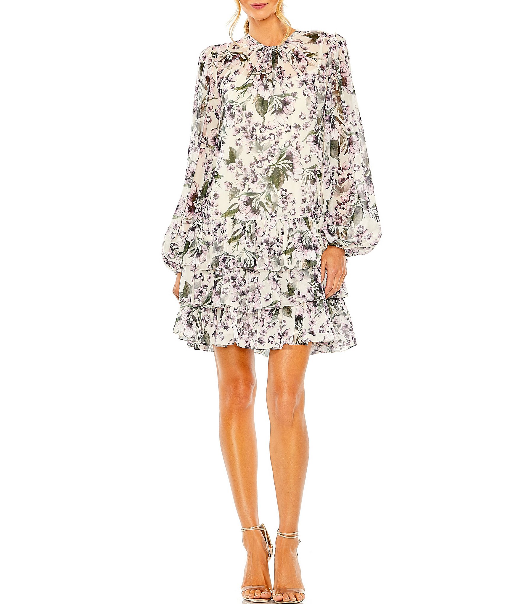 Mac Duggal Floral Mock Neckline Long Sleeve Ruffle Hem Mini Dress ...