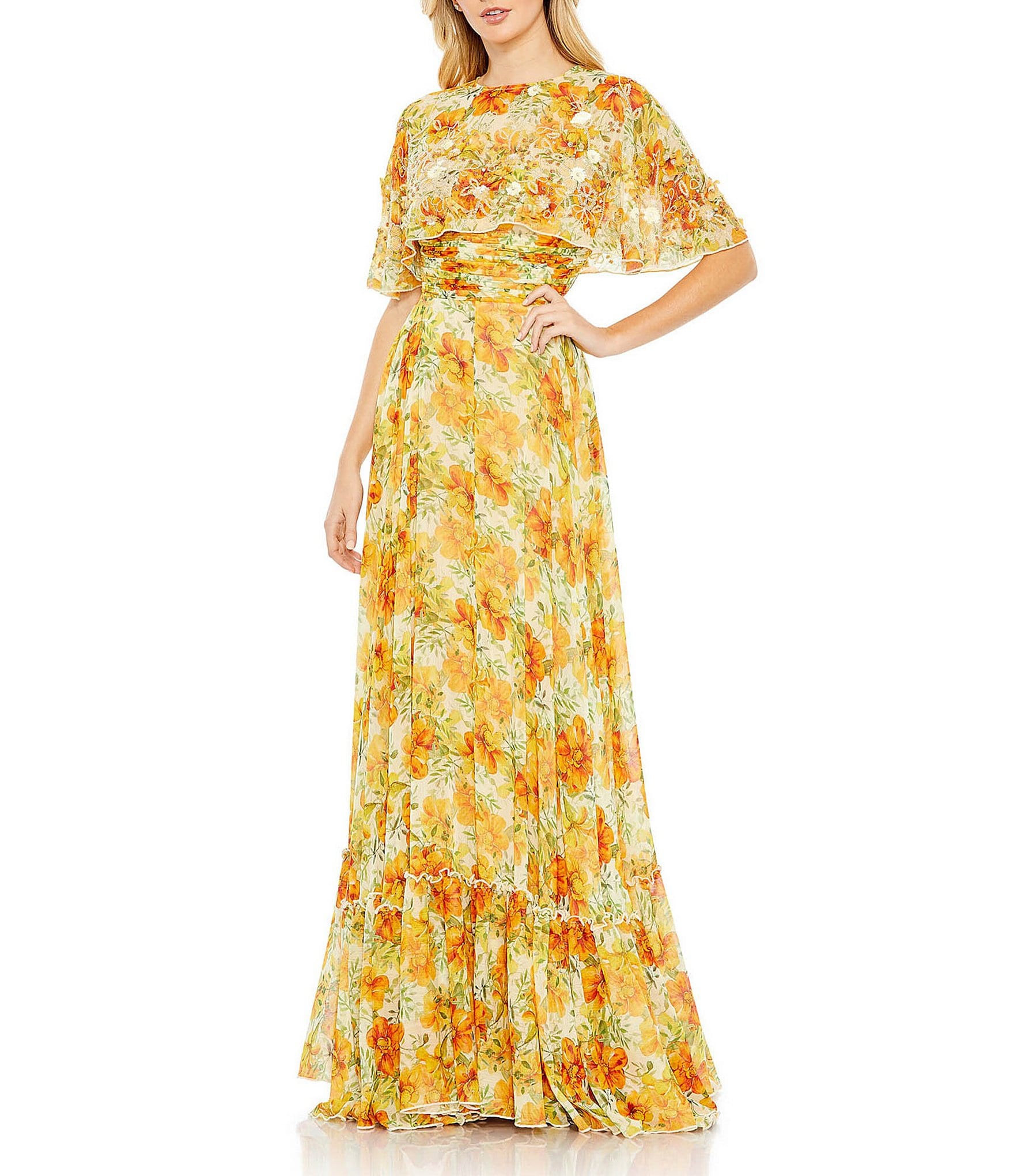 Mac Duggal Floral Print Jewel Neck Cape Back A-Line Gown | Dillard's