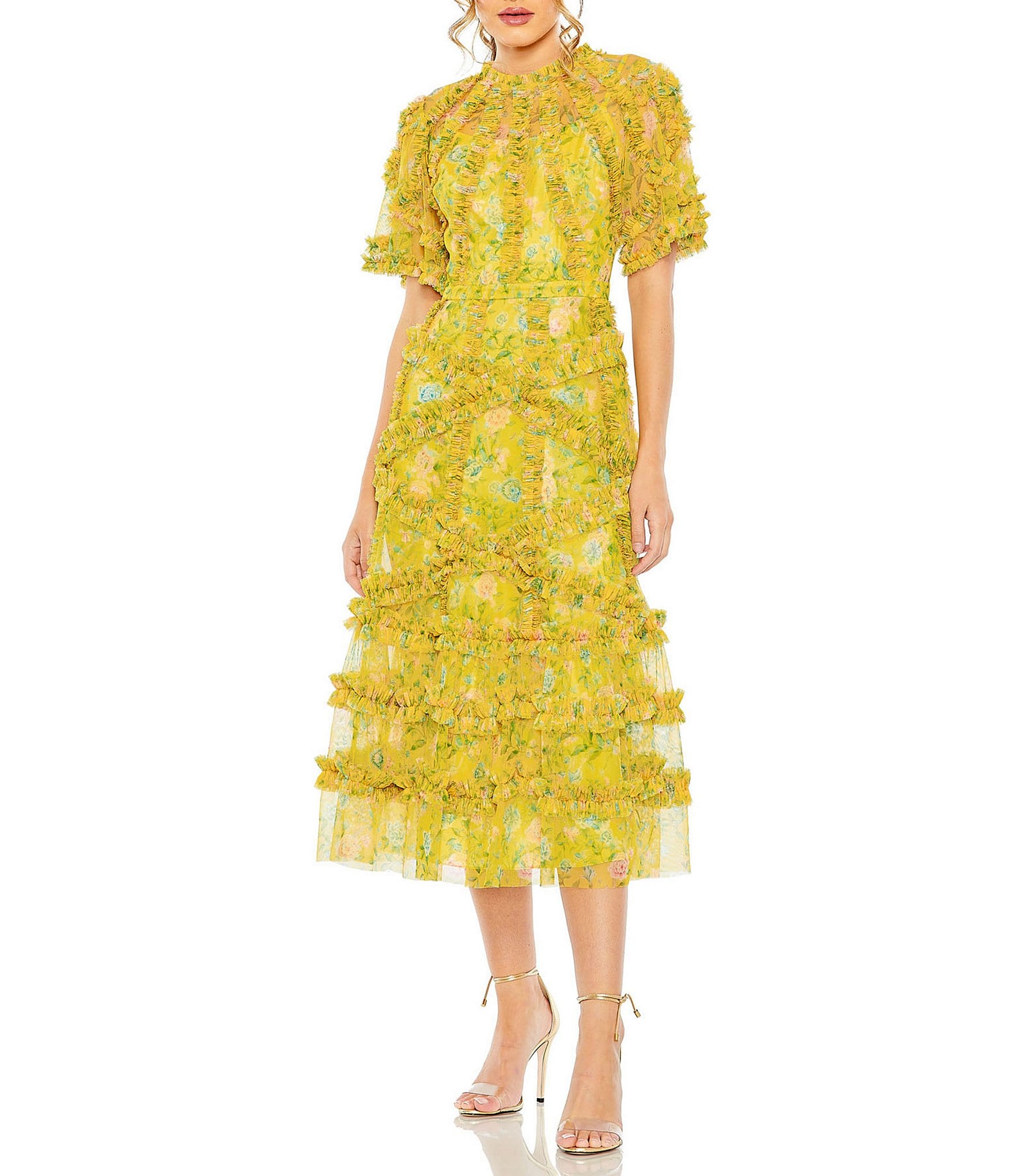 Mac Duggal Floral Print Ruffle Embellished Short Flutter Sleeve Crew Neck  Midi Dress | Dillard's