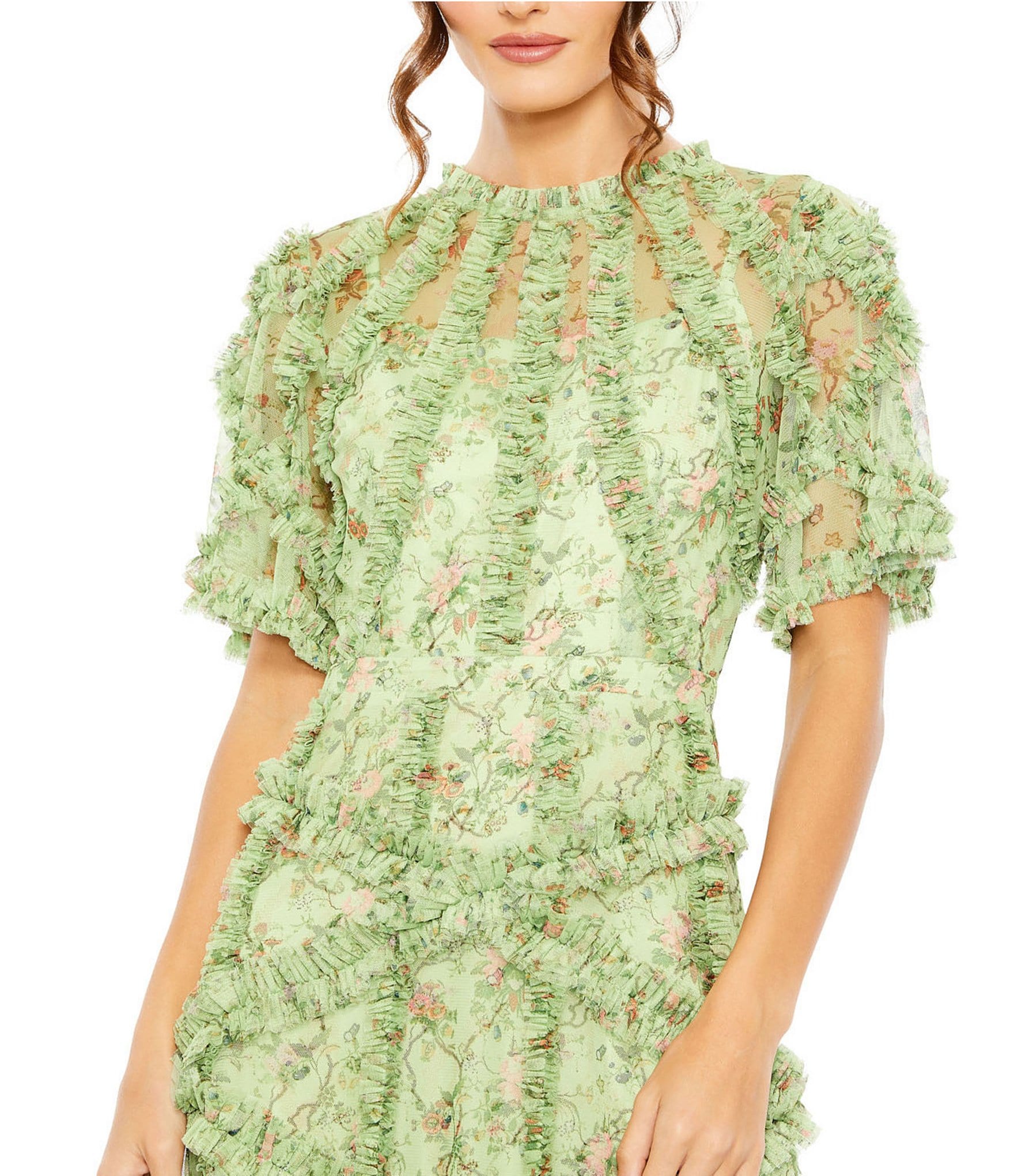 Mac Duggal Floral Print Ruffle Embellished Short Flutter Sleeve Crew Neck Midi Dress