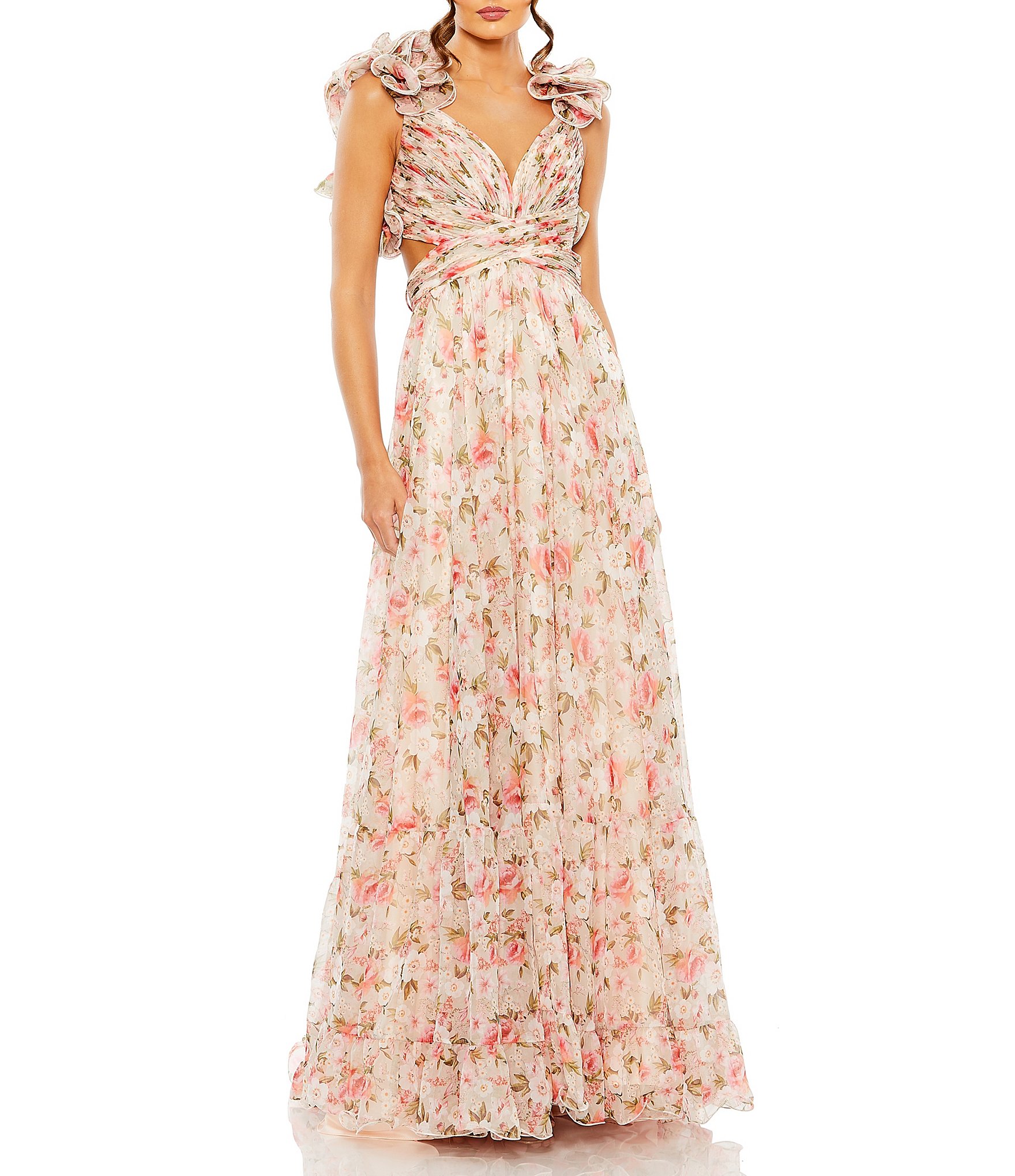 Mac Duggal Pink Floral Print Ruffled V-Neck Sleeveless Tiered Cut-Out ...