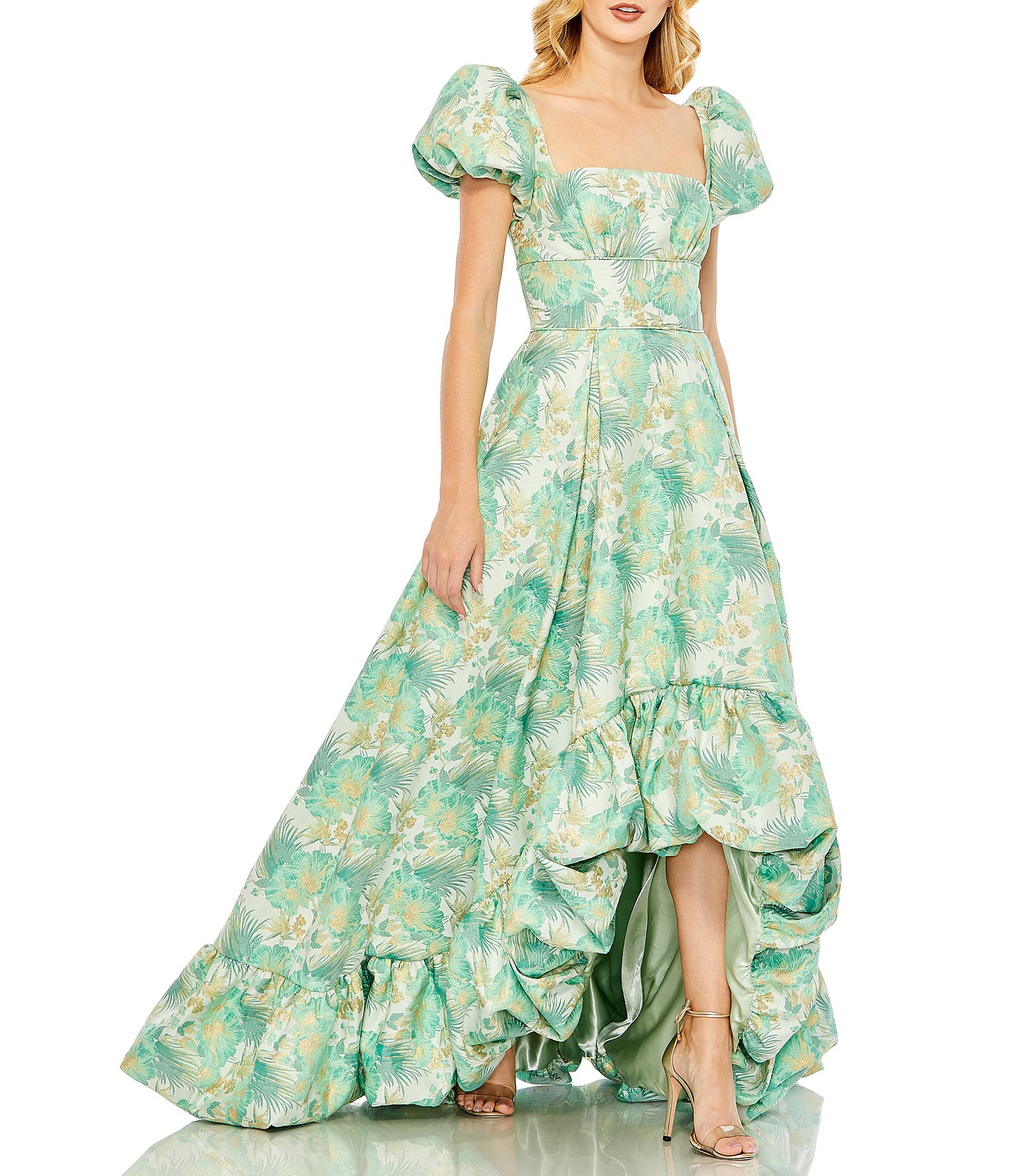 R & M Richards Watercolor Floral Printed Chiffon V-Neck Tiered Ruffle  High-Low Hem 3/4 Sleeve 2-Piece Jacket Dress