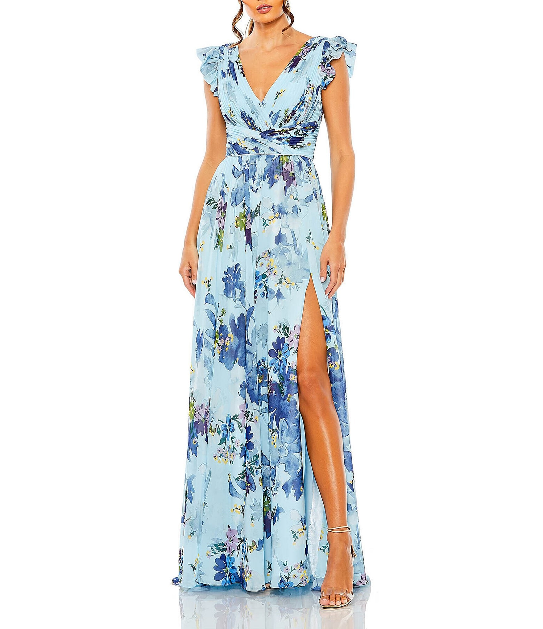 Mac Duggal Floral Print Surplice V-Neck Flutter Cap Sleeve Front Slit Gown  | Dillard's