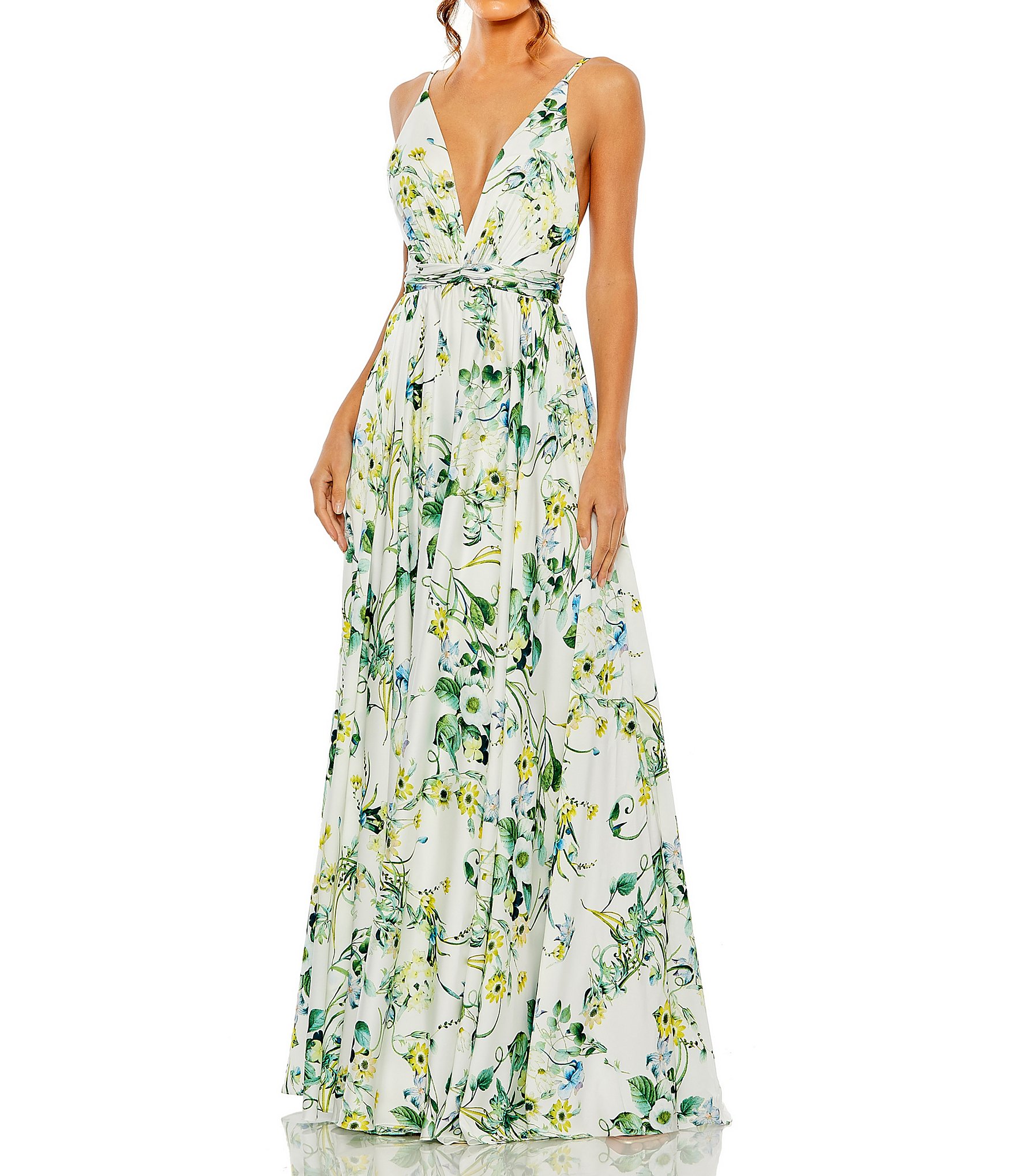 Mac Duggal Floral Print V-Neck Spaghetti Strap A-Line Gown | Dillard's