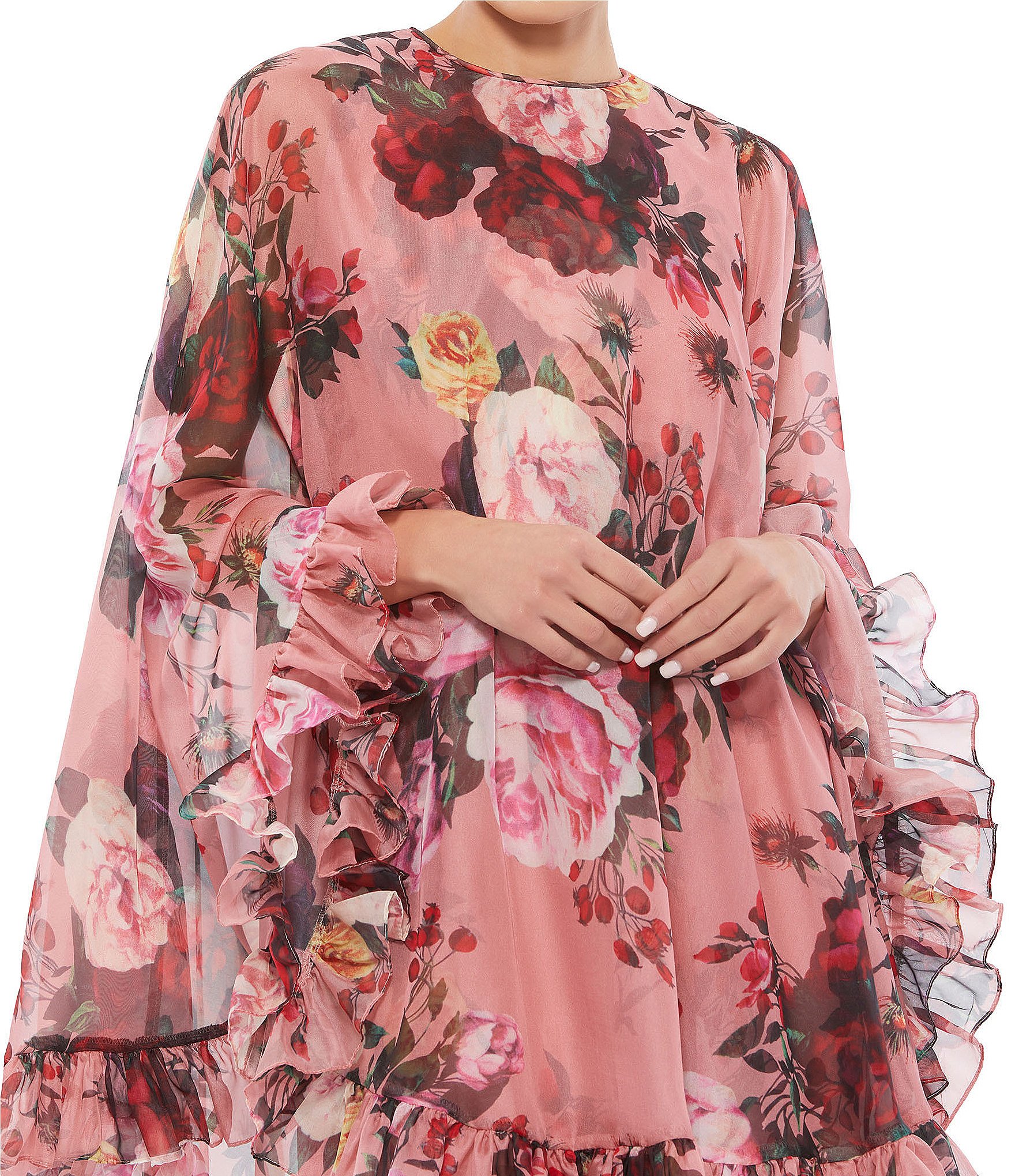 Mac Duggal Floral Ruffle Jewel Neckline Cape Sleeve Mini Dress