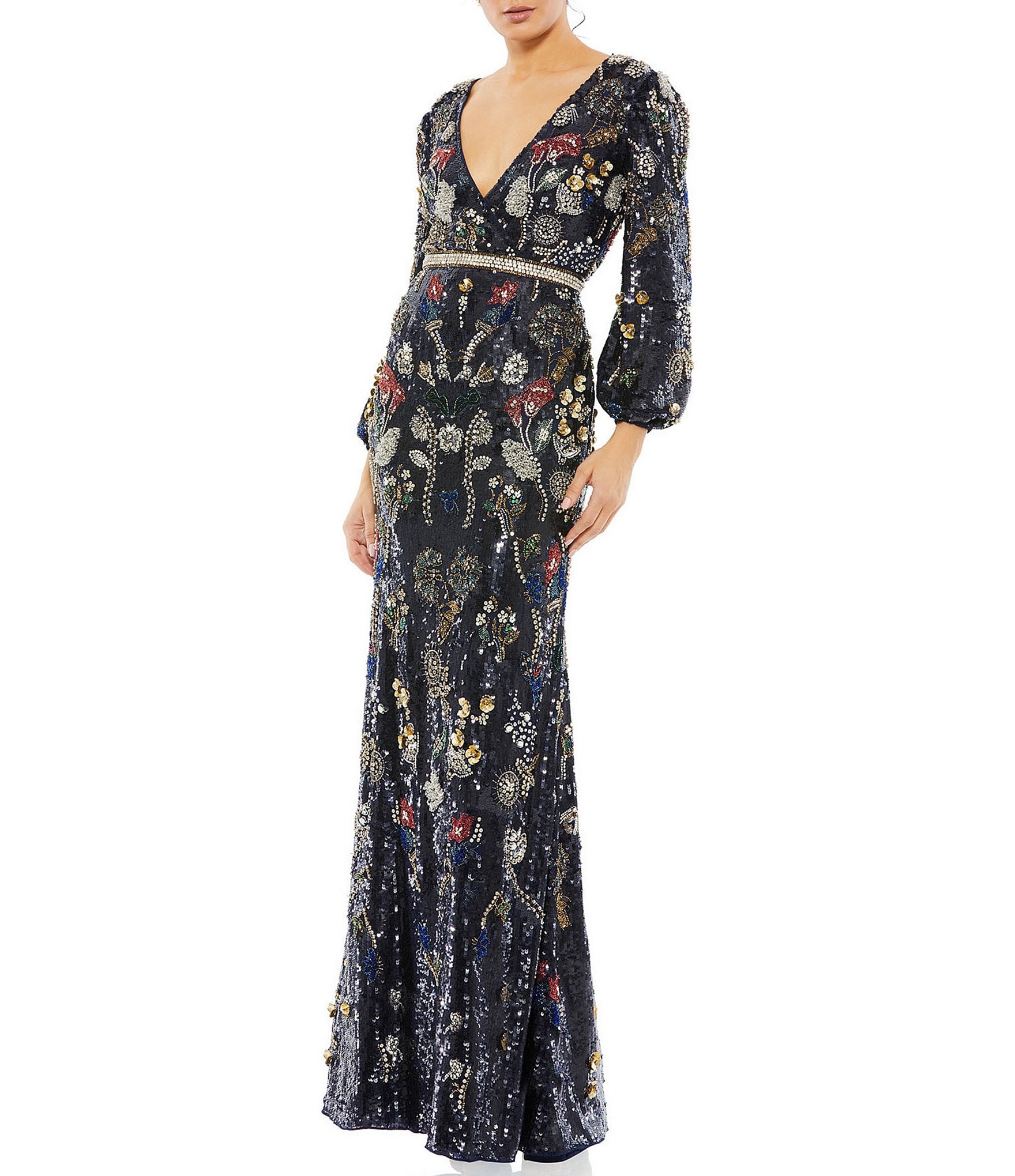 Mac Duggal Floral Sequin V-Neck Long Bishop Sleeve Gown | Dillard's