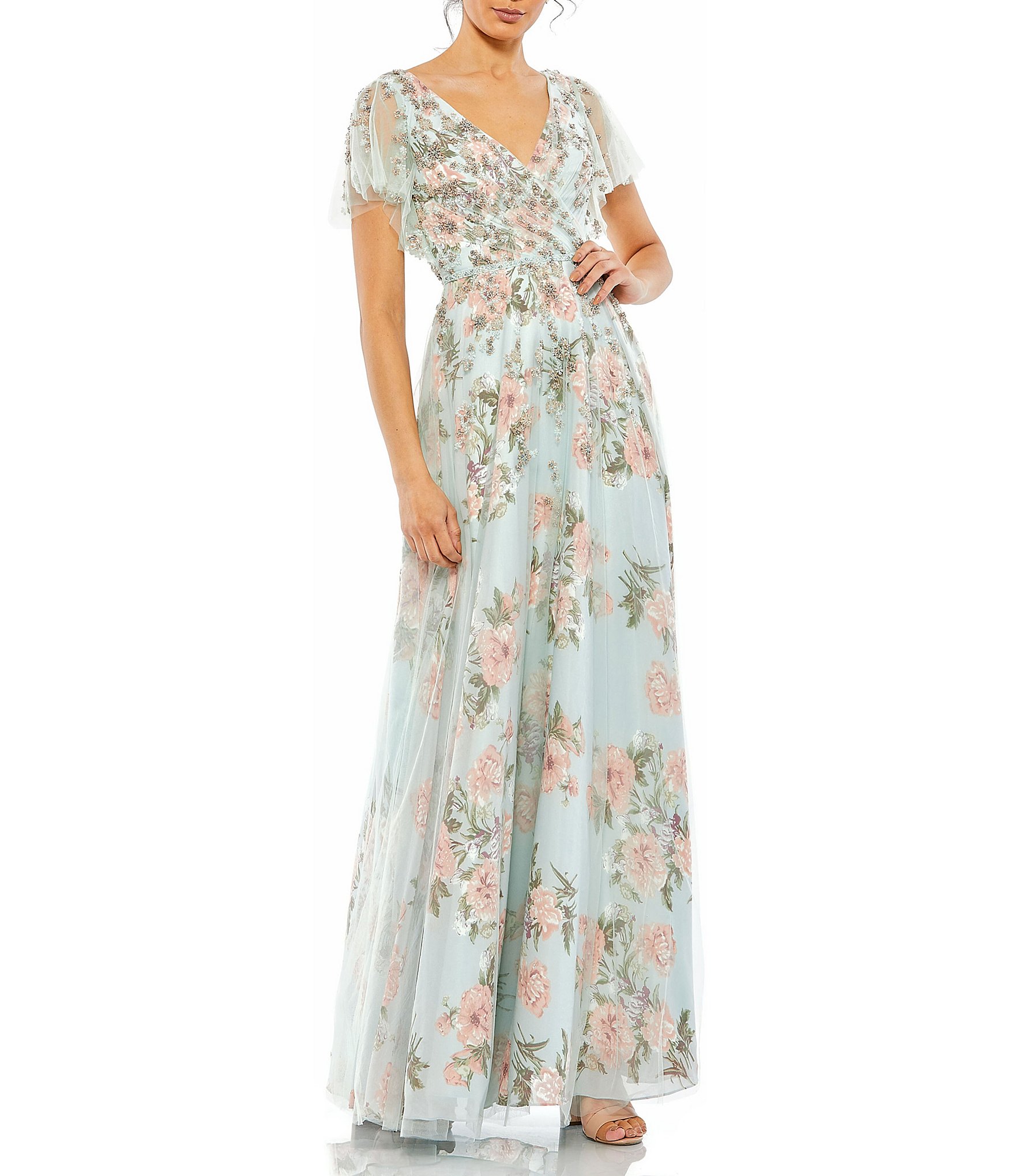 R & M Richards Floral Print Sleeveless Halter Neck Ruched Waist Chiffon  Maxi Dress