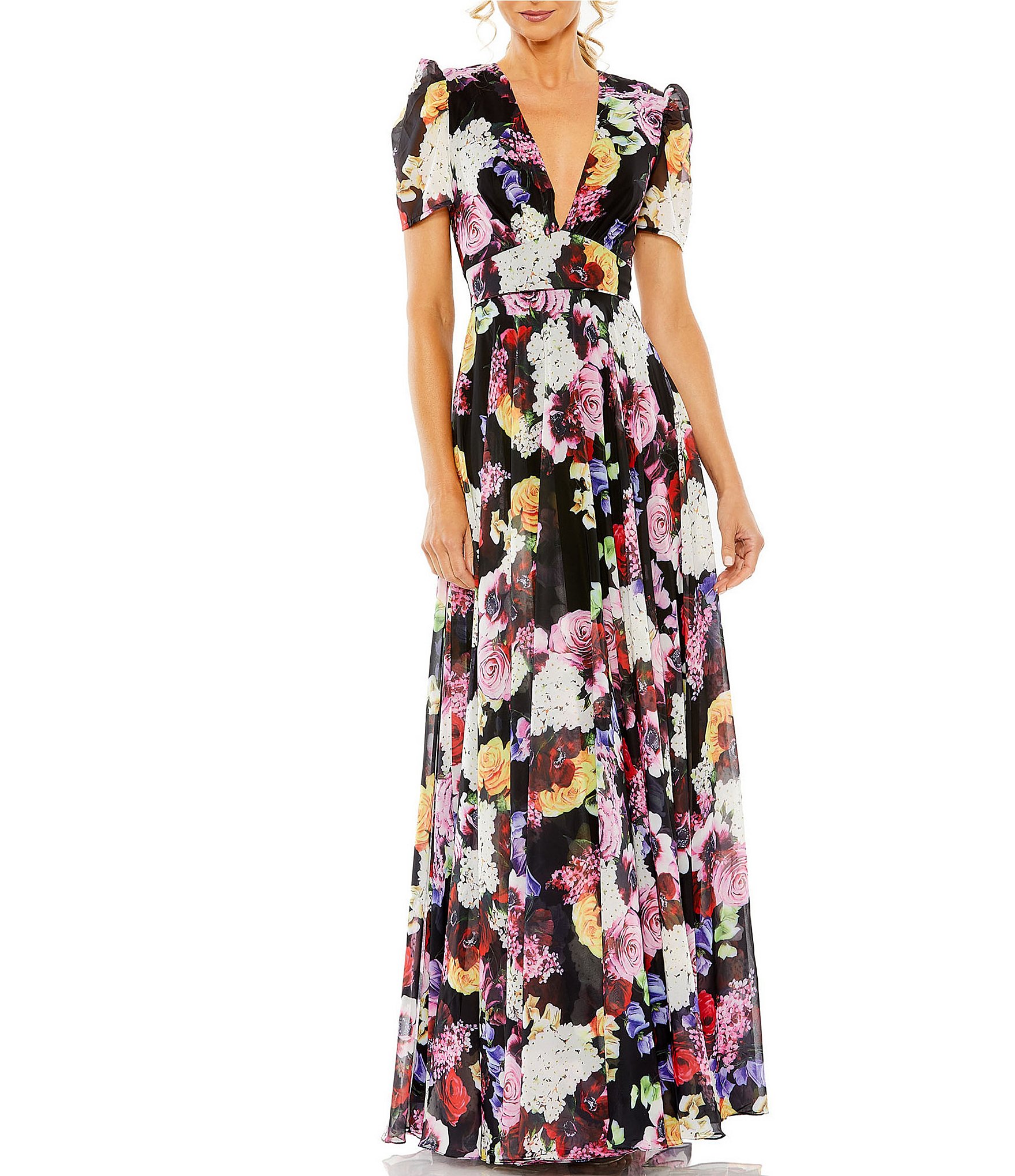 Mac Duggal Floral V-Neck Short Sleeve A-Line Gown | Dillard's