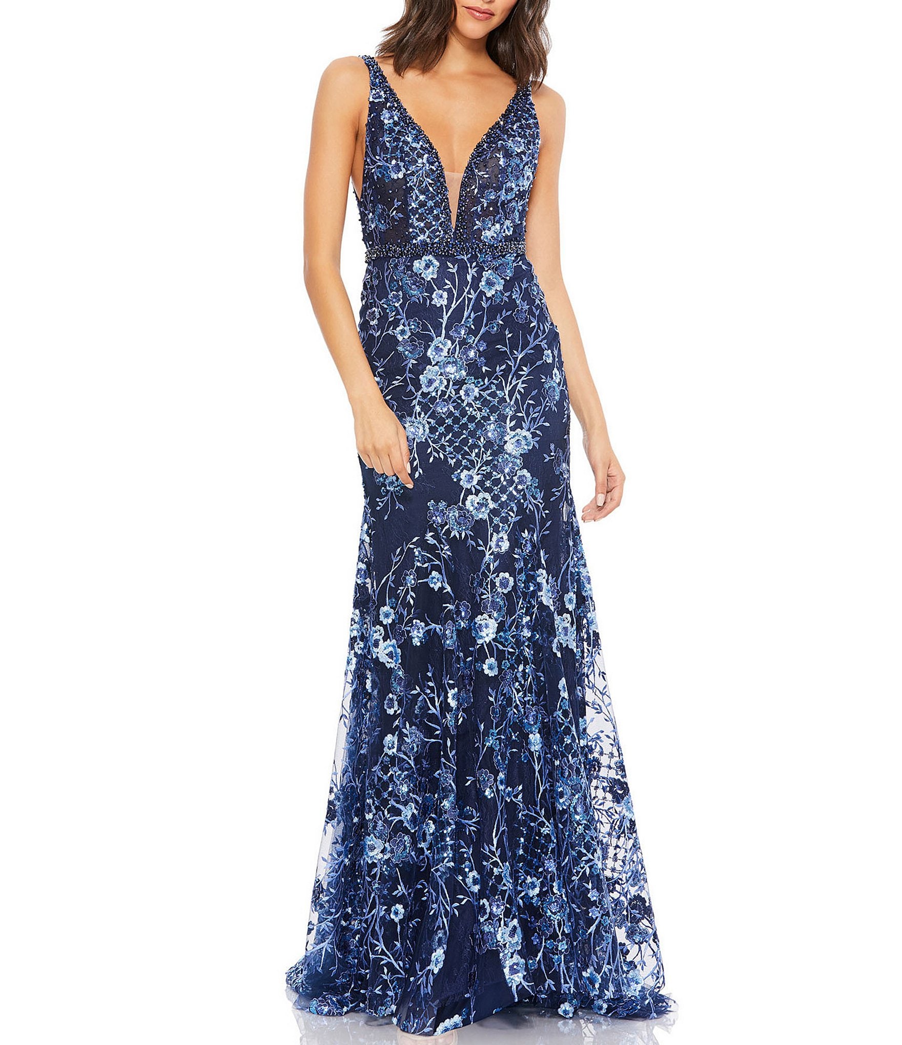 Mac Duggal Floral V-Neck Sleeveless Low Scoop Back Detail Sheath Gown ...