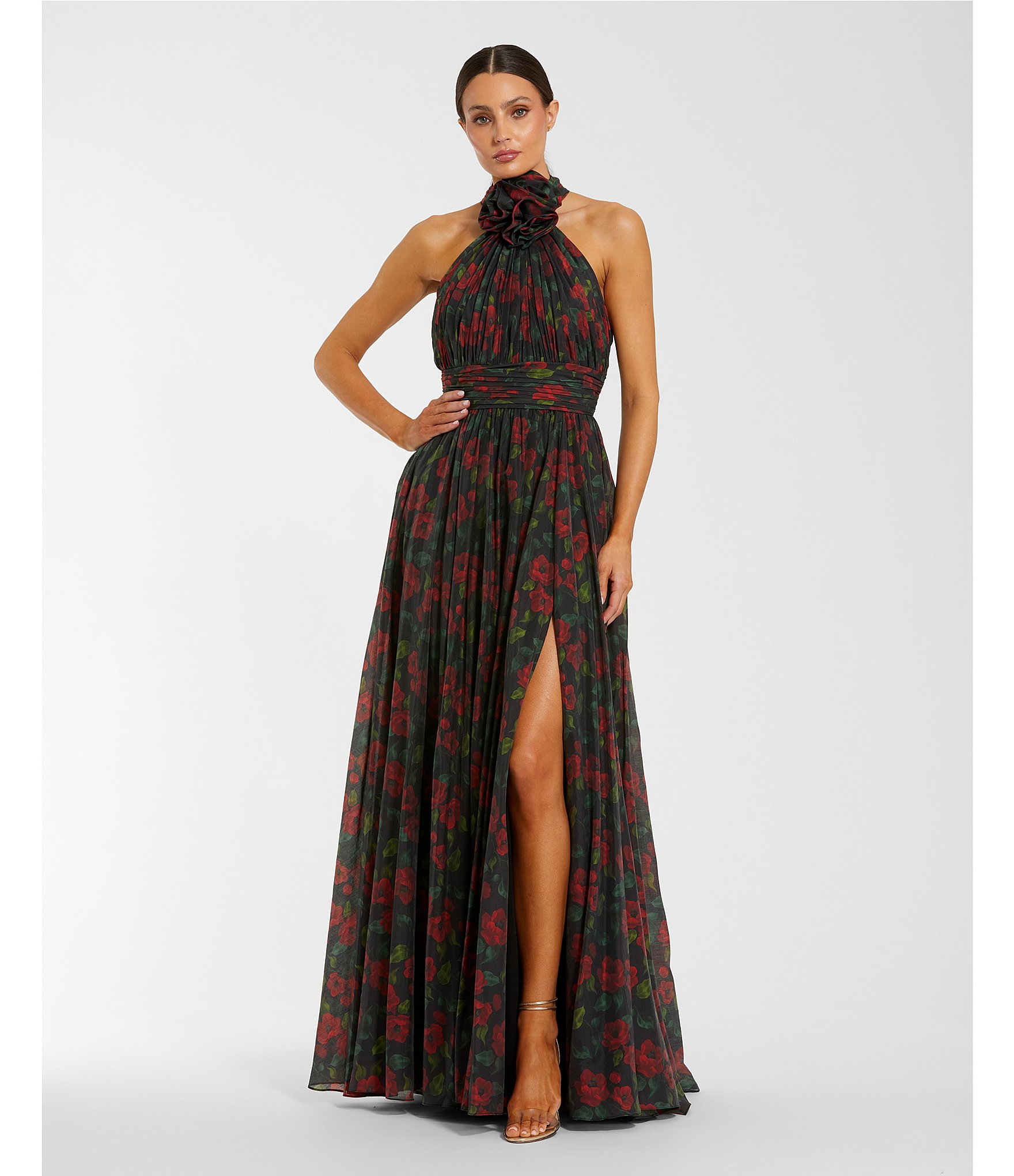 Mac Duggal Halger Floral Chiffon Maxi Dress with Flower Applique