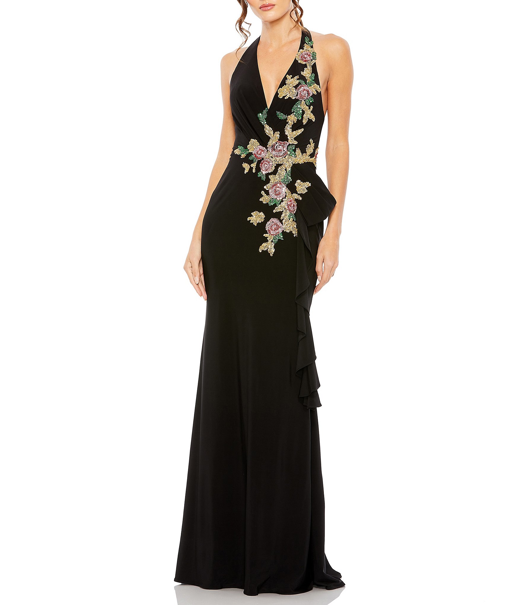 Mac Duggal Halter Floral Embellished Gown