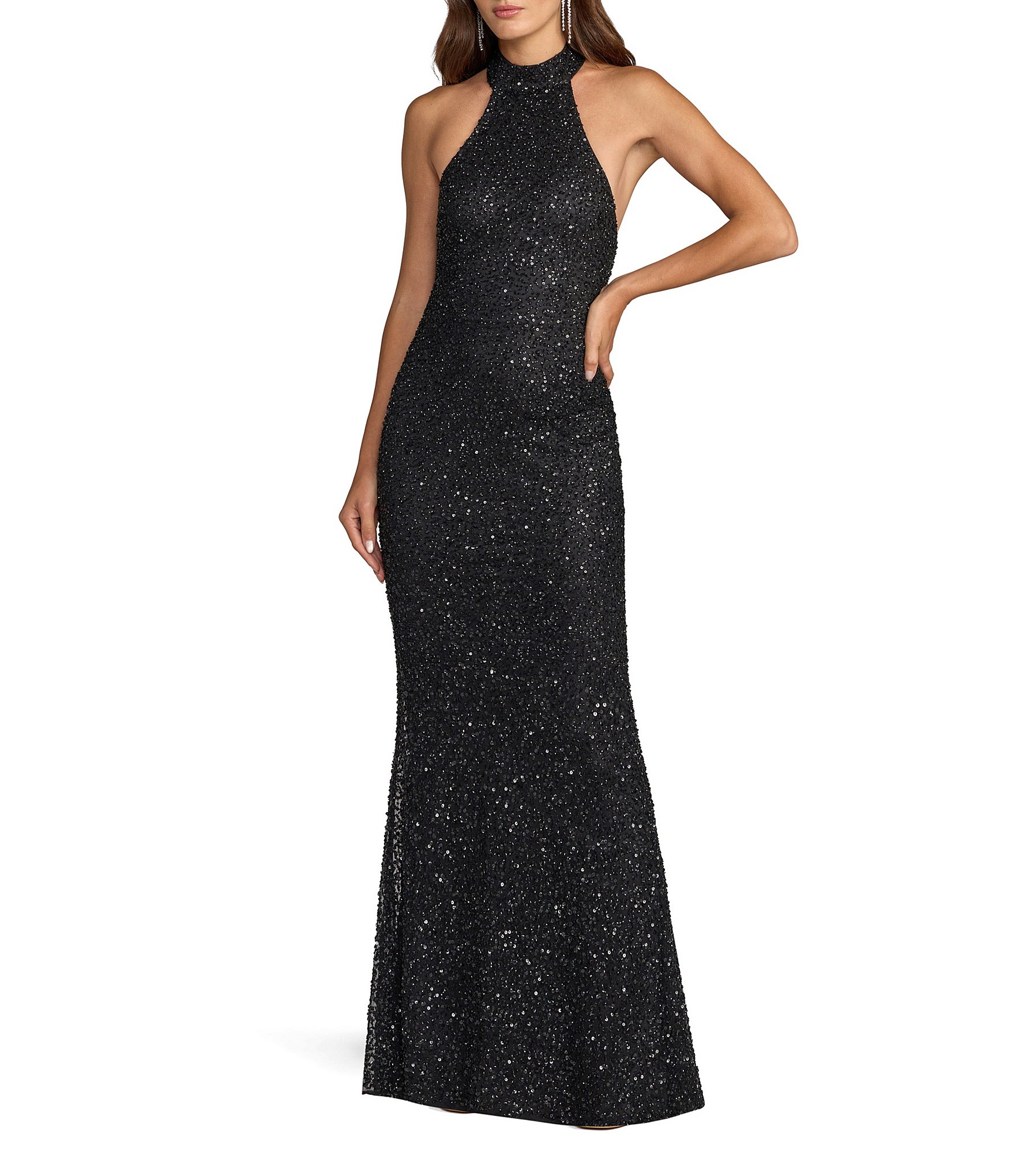 Mac Duggal Halter Neck Open Back Beaded Column Gown
